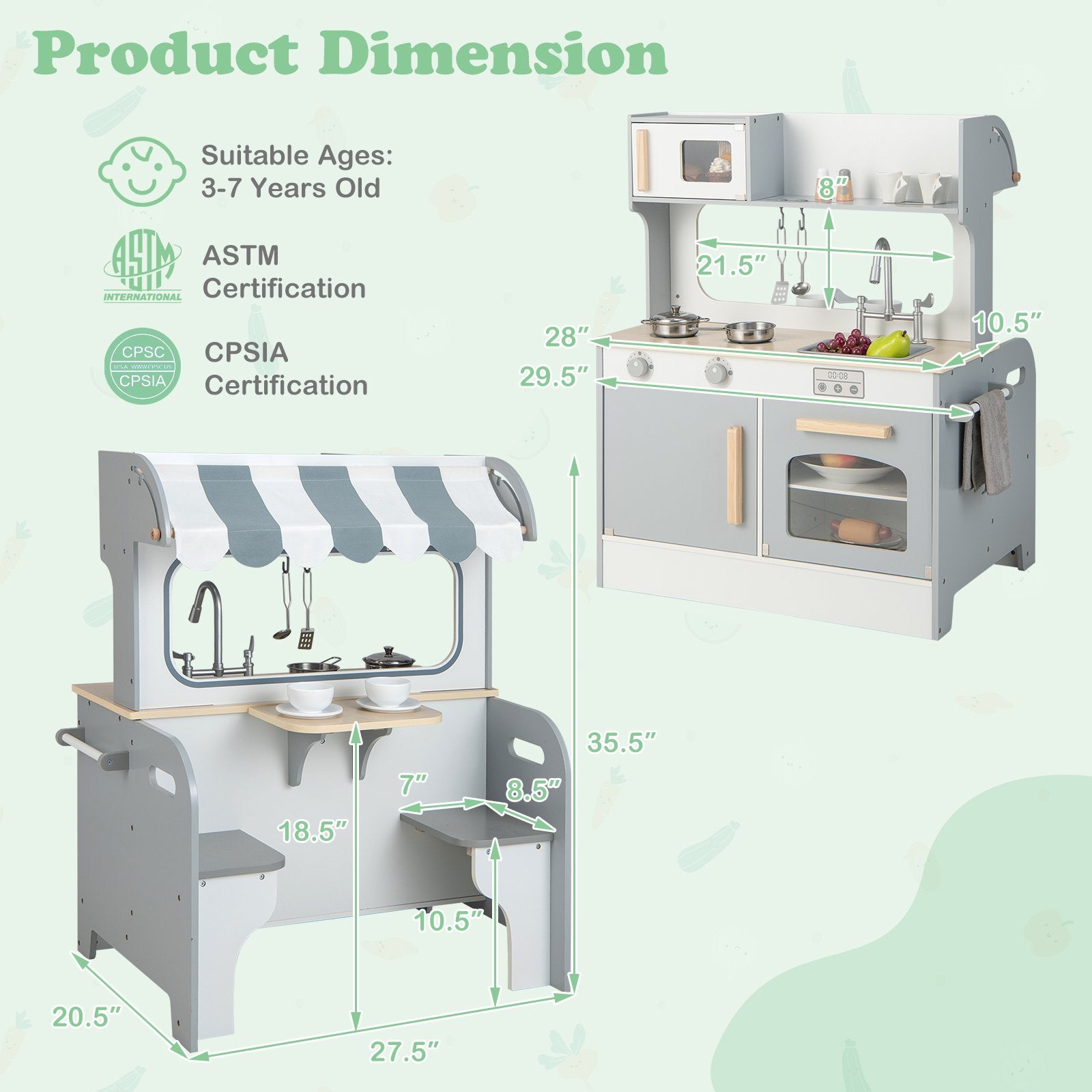 Double Sided Kids Pretend Kitchen Playset with 2-Seat Cafe, Gray Play Kitchen Sets   at Gallery Canada