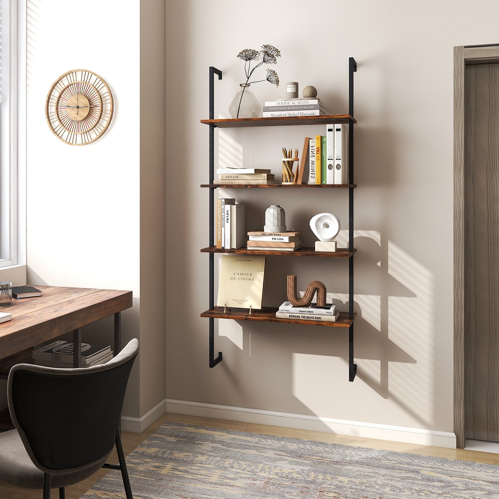 4-Tier Industrial Ladder Bookshelf with Metal Frame, Brown Bookcases   at Gallery Canada