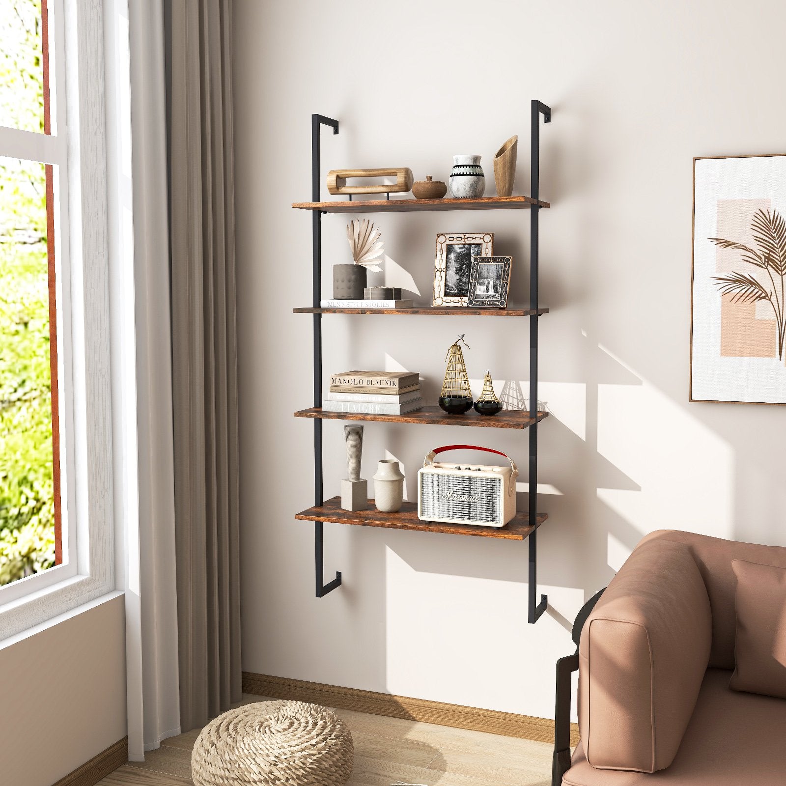 4-Tier Industrial Ladder Bookshelf with Metal Frame, Brown Bookcases   at Gallery Canada