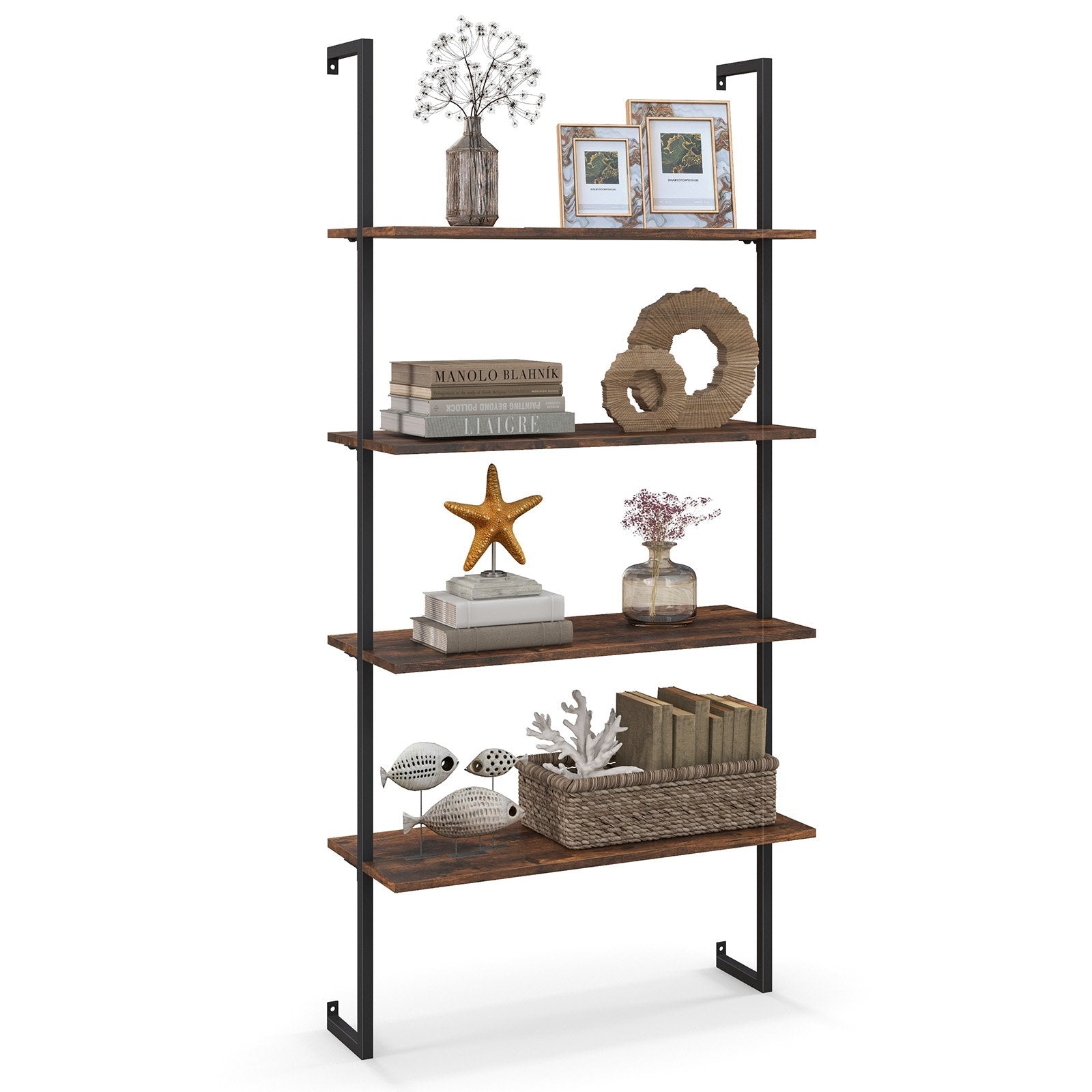 4-Tier Industrial Ladder Bookshelf with Metal Frame, Brown Bookcases   at Gallery Canada