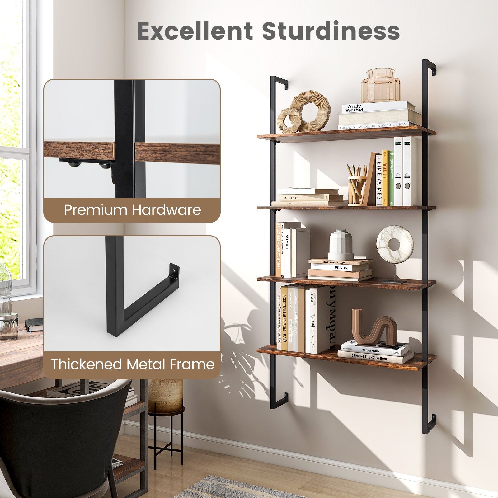 4-Tier Industrial Ladder Bookshelf with Metal Frame, Brown Bookcases   at Gallery Canada