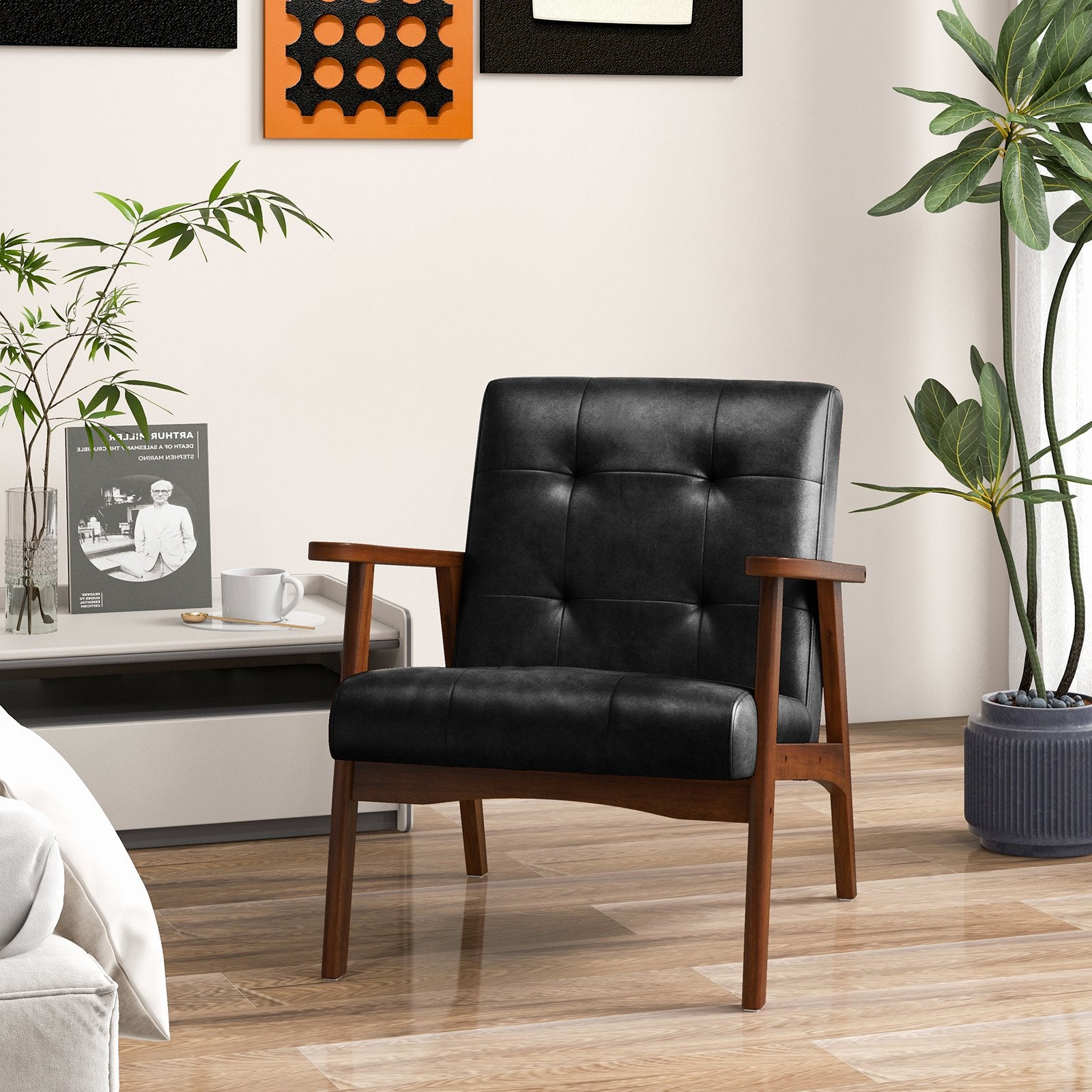 Mid Century Modern Accent Chair with Solid Rubber Wood Frame and Leather Cover, Black Accent Chairs   at Gallery Canada