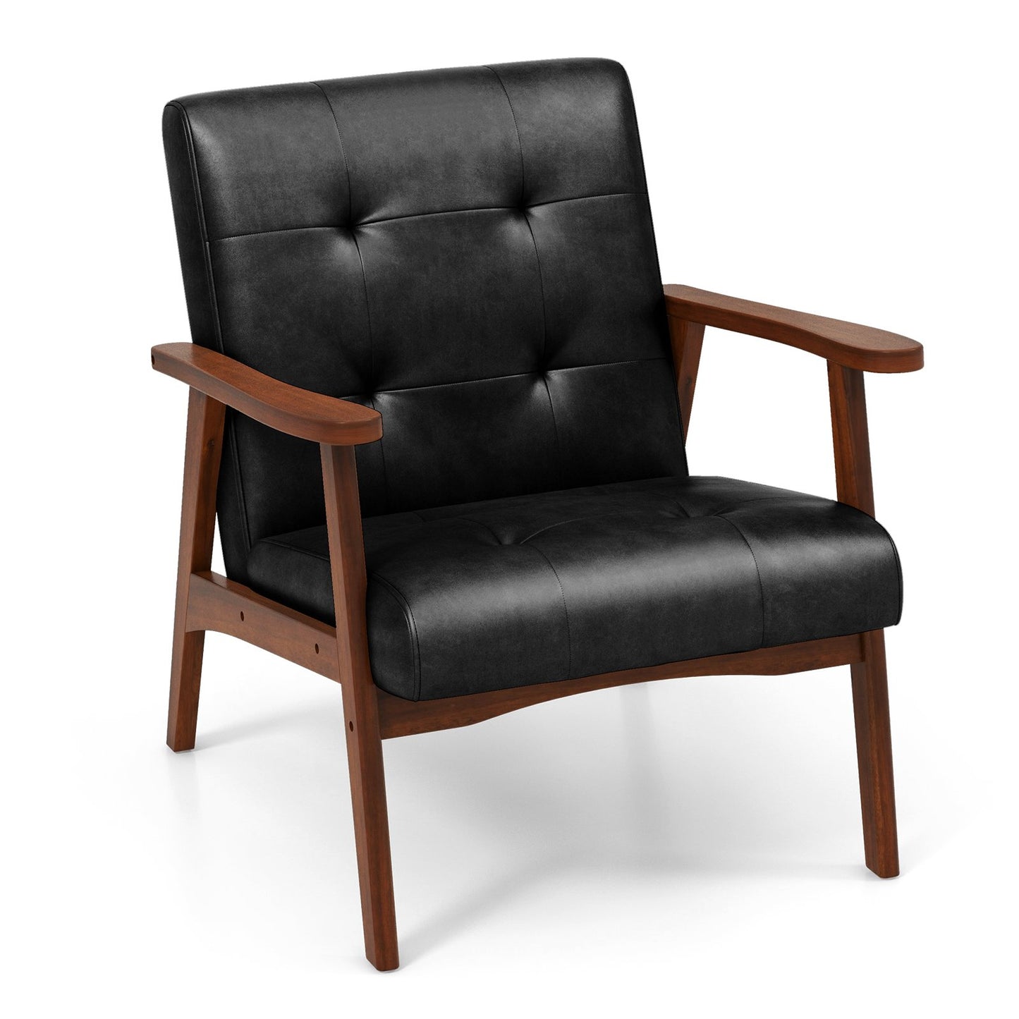 Mid Century Modern Accent Chair with Solid Rubber Wood Frame and Leather Cover, Black Accent Chairs   at Gallery Canada