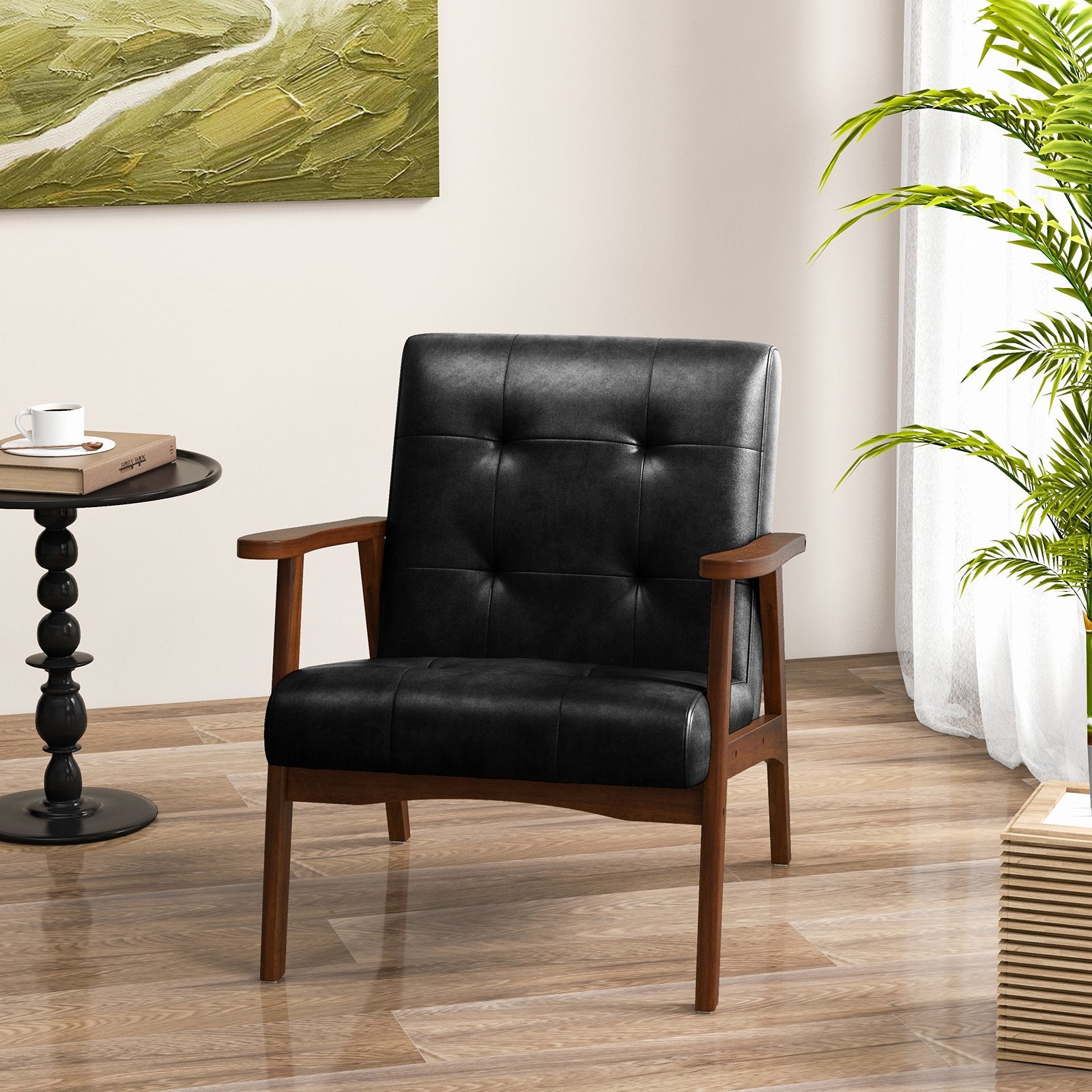 Mid Century Modern Accent Chair with Solid Rubber Wood Frame and Leather Cover, Black Accent Chairs   at Gallery Canada