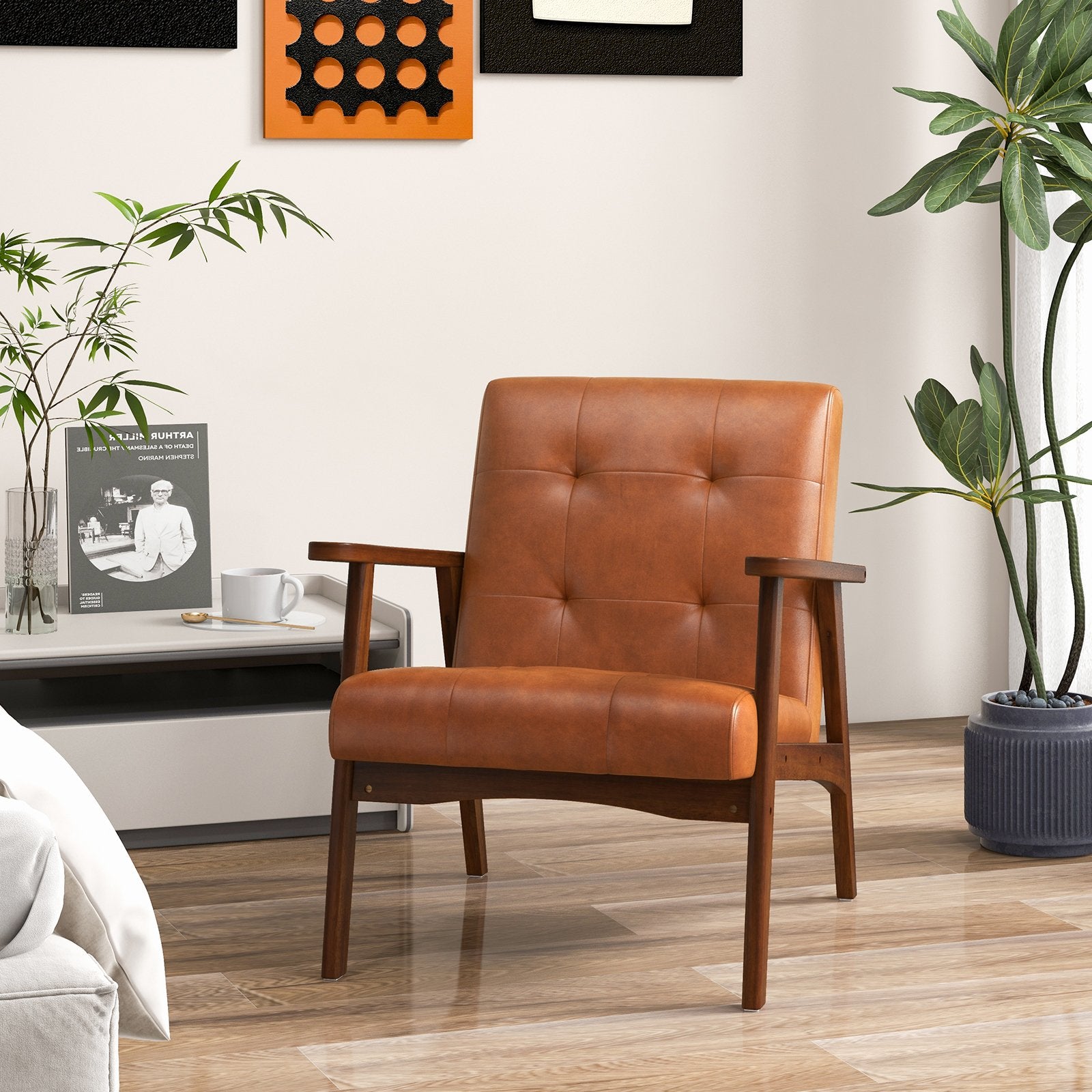 Mid Century Modern Accent Chair with Solid Rubber Wood Frame and Leather Cover, Light Brown Accent Chairs   at Gallery Canada