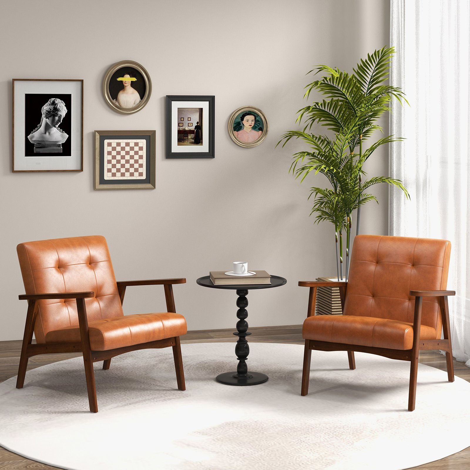 Mid Century Modern Accent Chair with Solid Rubber Wood Frame and Leather Cover, Light Brown Accent Chairs   at Gallery Canada