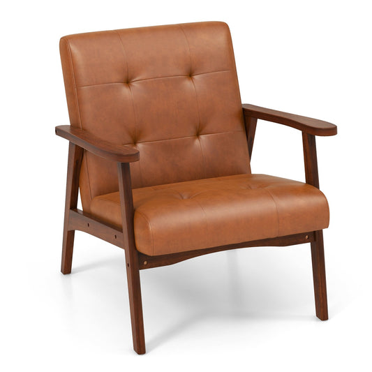 Mid Century Modern Accent Chair with Solid Rubber Wood Frame and Leather Cover, Light Brown Accent Chairs   at Gallery Canada