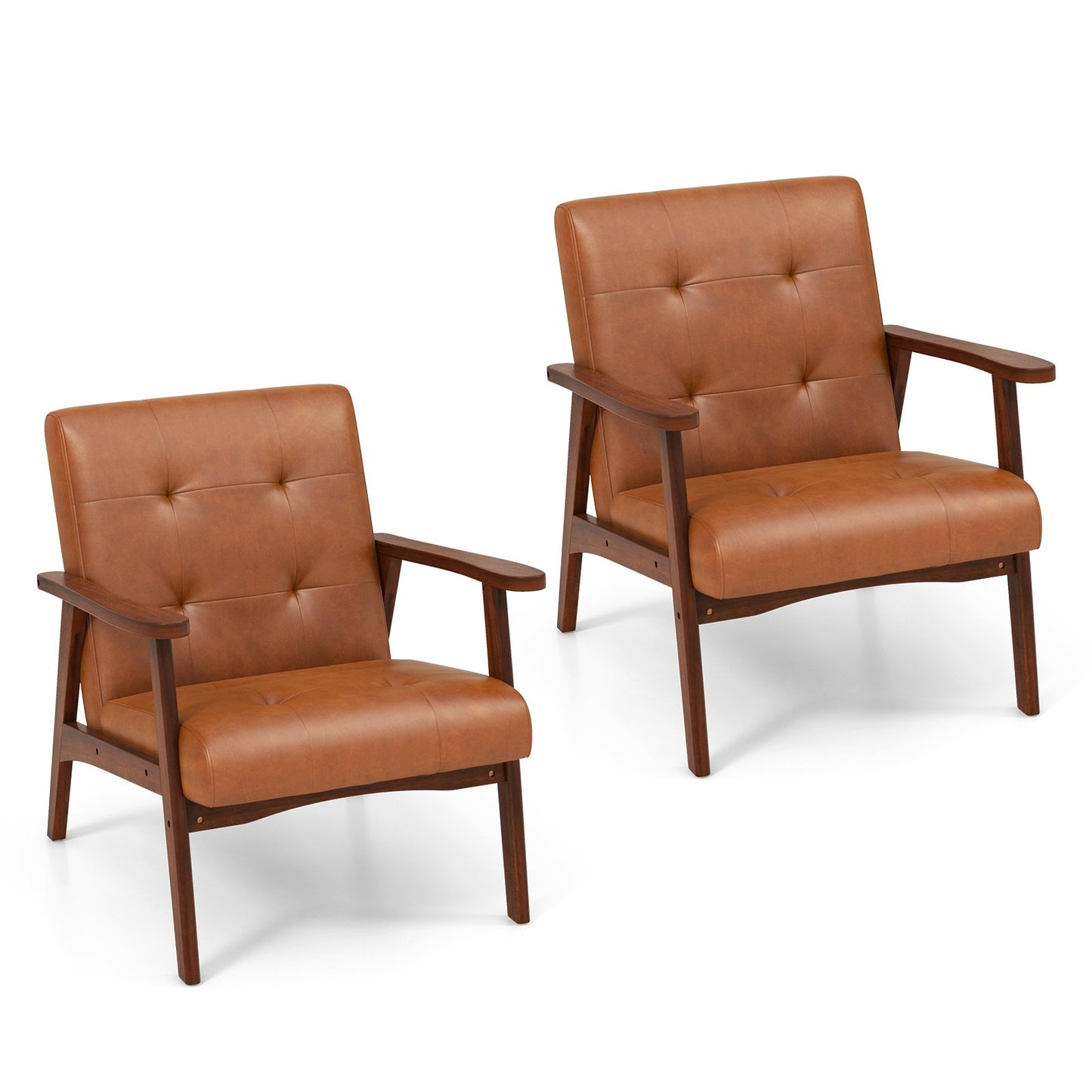 Mid Century Modern Accent Chair with Solid Rubber Wood Frame and Leather Cover, Light Brown Accent Chairs   at Gallery Canada