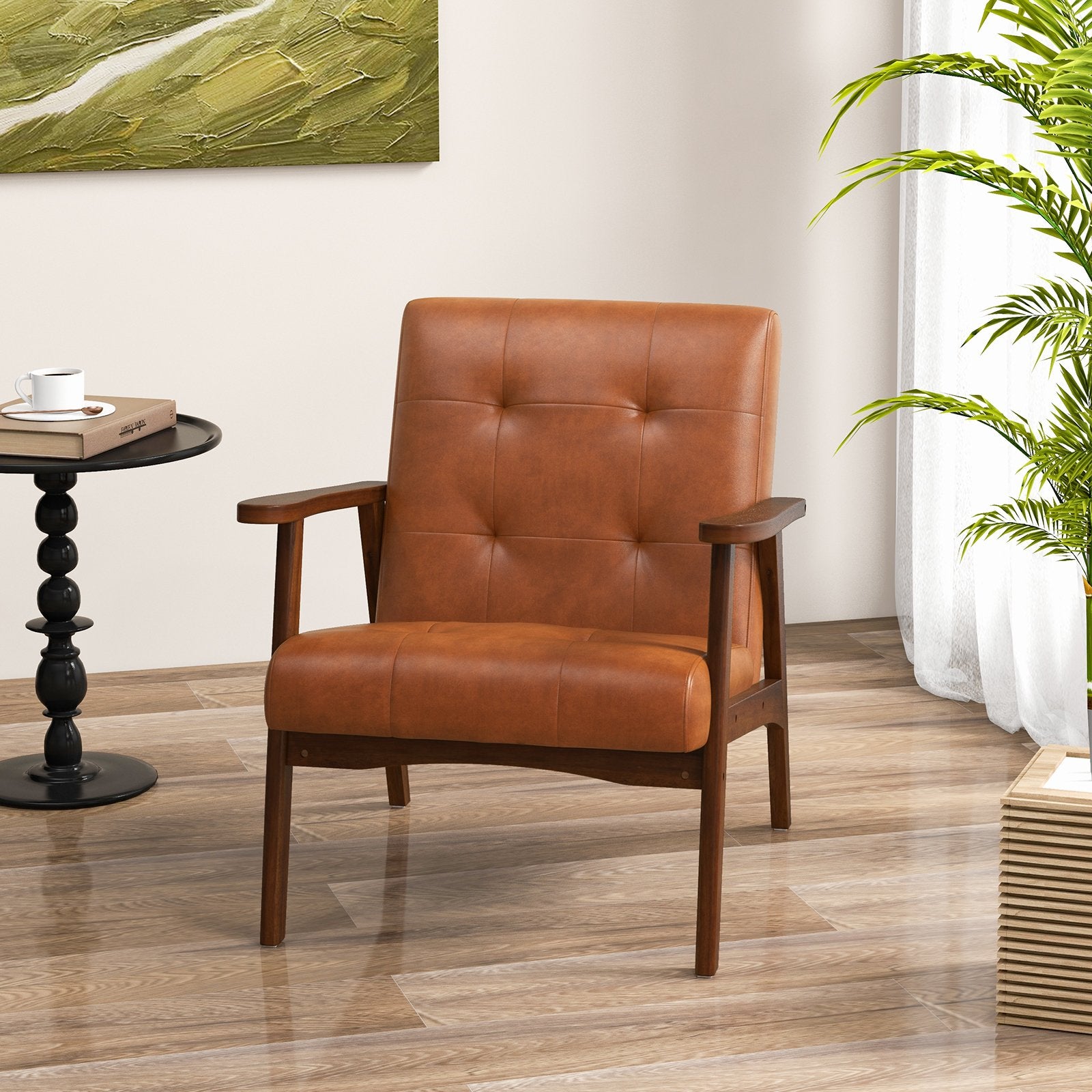 Mid Century Modern Accent Chair with Solid Rubber Wood Frame and Leather Cover, Light Brown Accent Chairs   at Gallery Canada