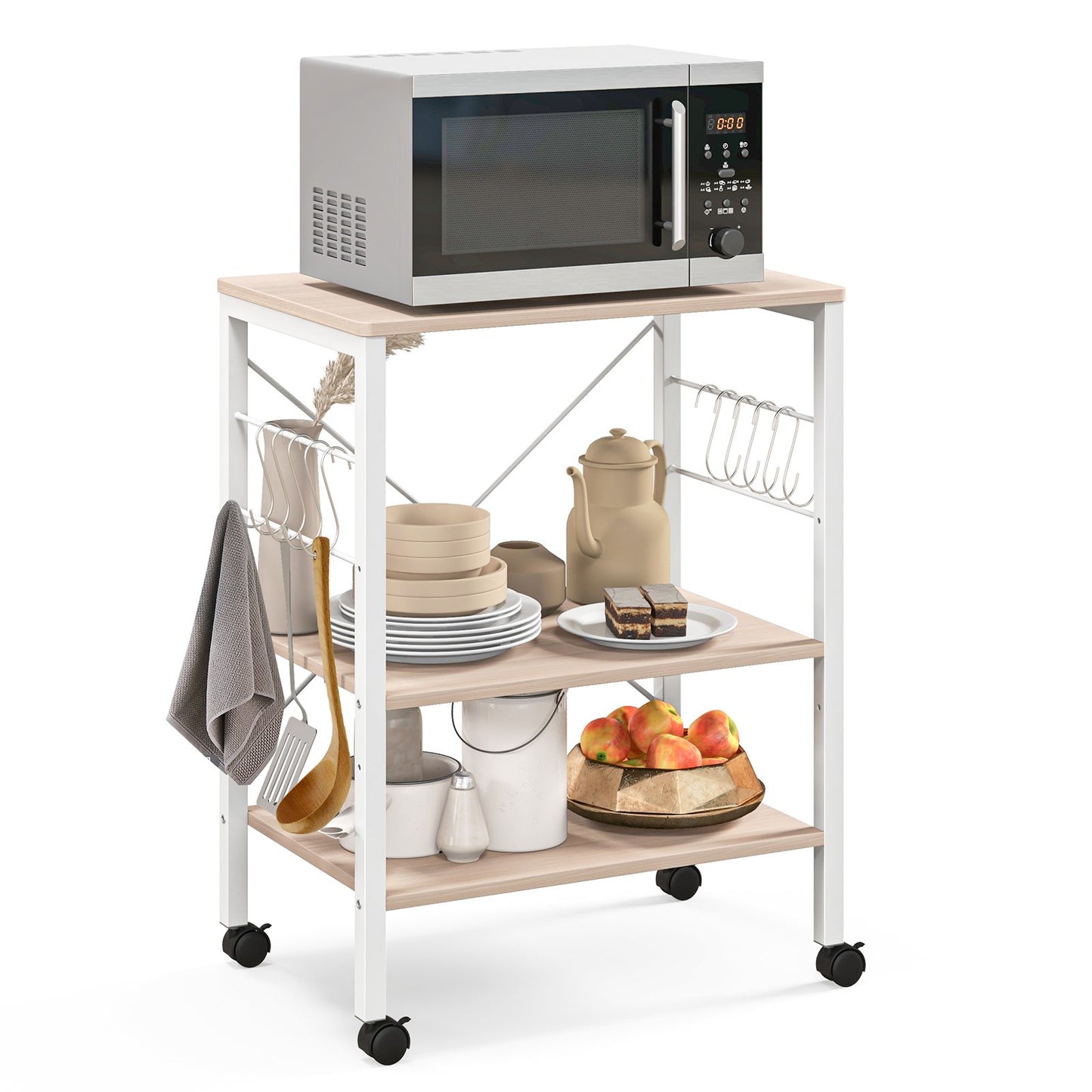 3-Tier Kitchen Baker's Rack Microwave Oven Storage Cart with Hooks, Light Brown Baker's Racks   at Gallery Canada