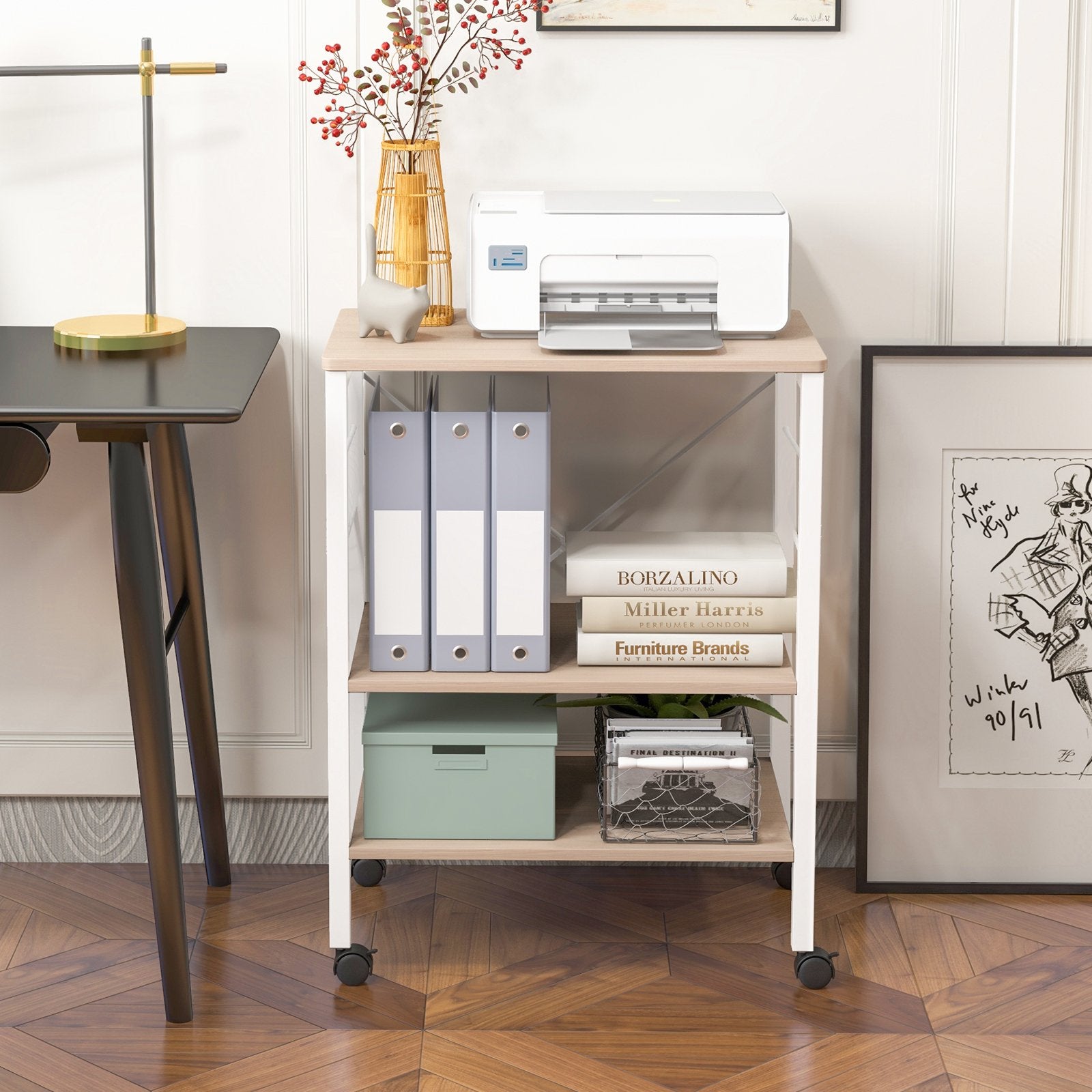 3-Tier Kitchen Baker's Rack Microwave Oven Storage Cart with Hooks, Light Brown Baker's Racks   at Gallery Canada