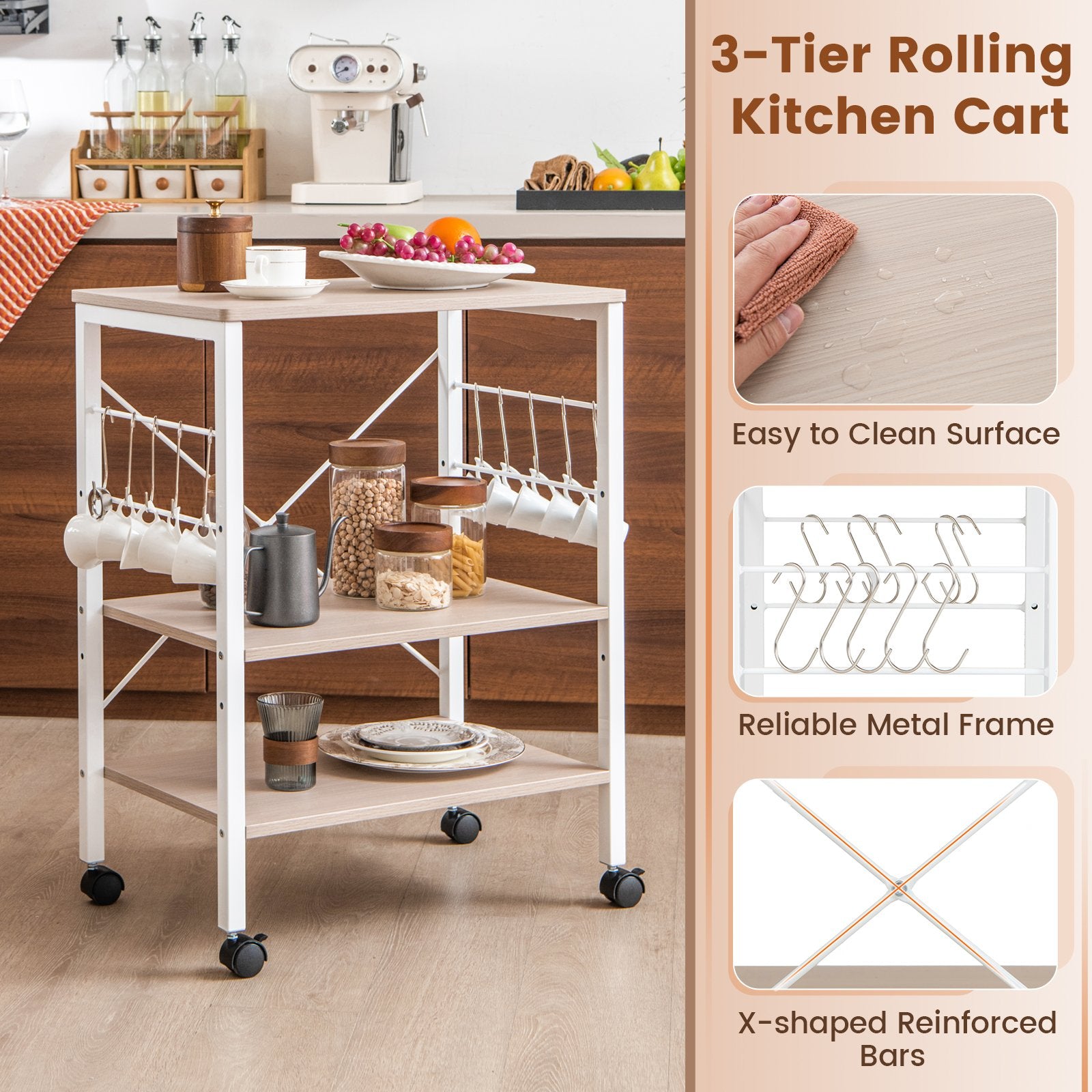 3-Tier Kitchen Baker's Rack Microwave Oven Storage Cart with Hooks, Light Brown Baker's Racks   at Gallery Canada