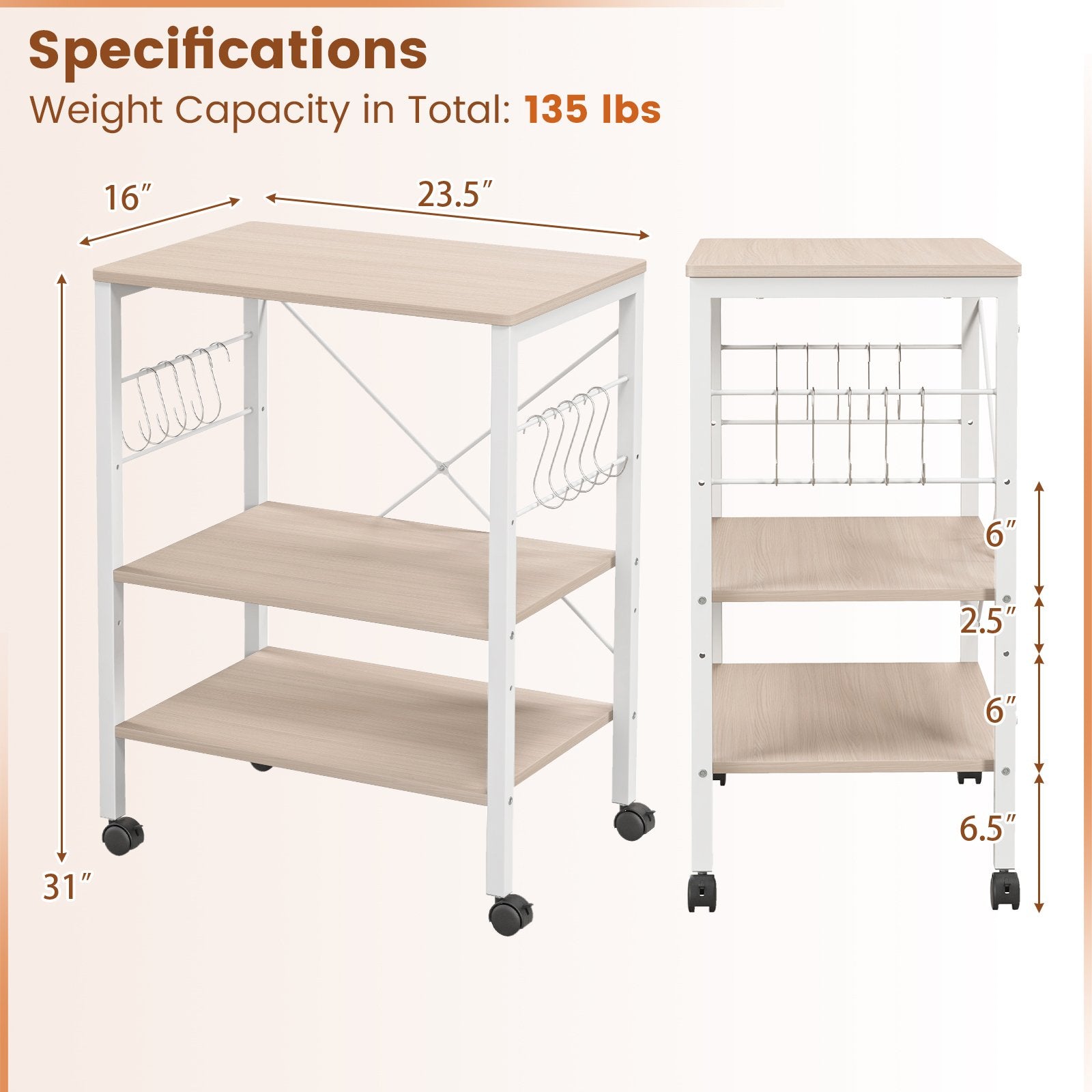 3-Tier Kitchen Baker's Rack Microwave Oven Storage Cart with Hooks, Light Brown Baker's Racks   at Gallery Canada