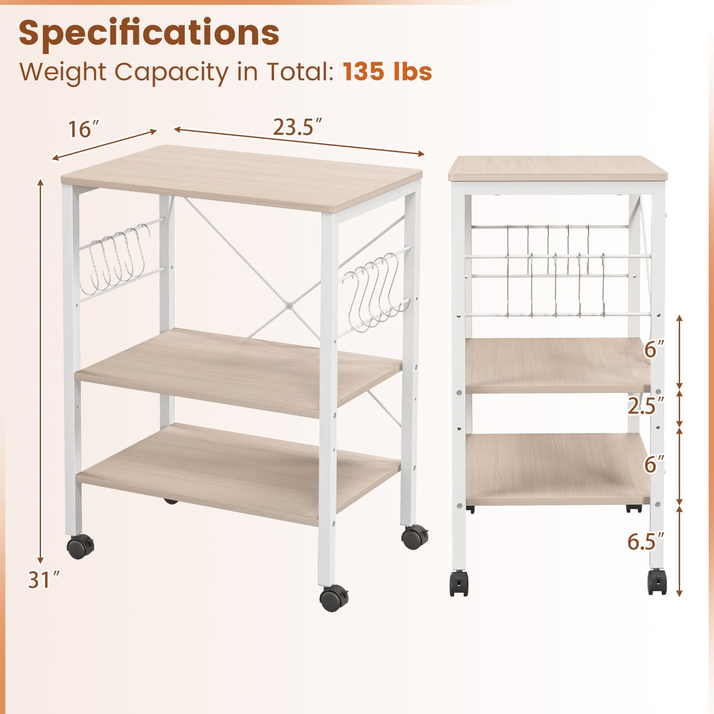 3-Tier Kitchen Baker's Rack Microwave Oven Storage Cart with Hooks, Light Brown - Gallery Canada