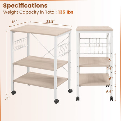 3-Tier Kitchen Baker's Rack Microwave Oven Storage Cart with Hooks, Light Brown - Gallery Canada