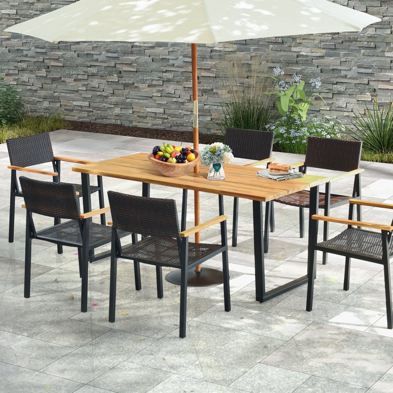 6-Person Acacia Wood Outdoor Dining Table with 2 Inch Umbrella Hole, Natural Patio Dining Tables   at Gallery Canada