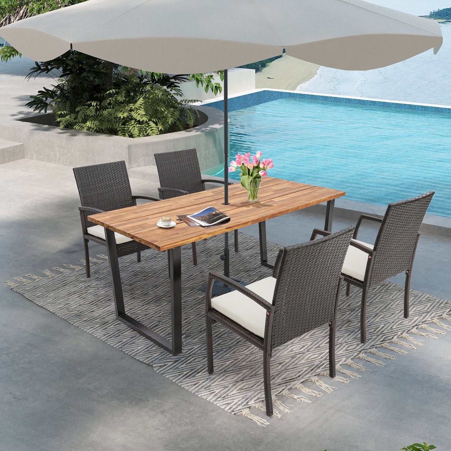 6-Person Acacia Wood Outdoor Dining Table with 2 Inch Umbrella Hole, Natural Patio Dining Tables   at Gallery Canada