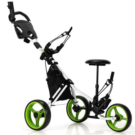 3 Wheels Folding Golf Push Cart with Seat Scoreboard and Adjustable Handle, Green Golf Green  at Gallery Canada