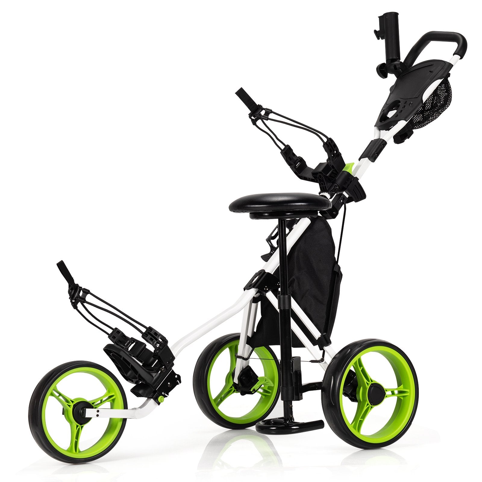 3 Wheels Folding Golf Push Cart with Seat Scoreboard and Adjustable Handle, Green Golf   at Gallery Canada