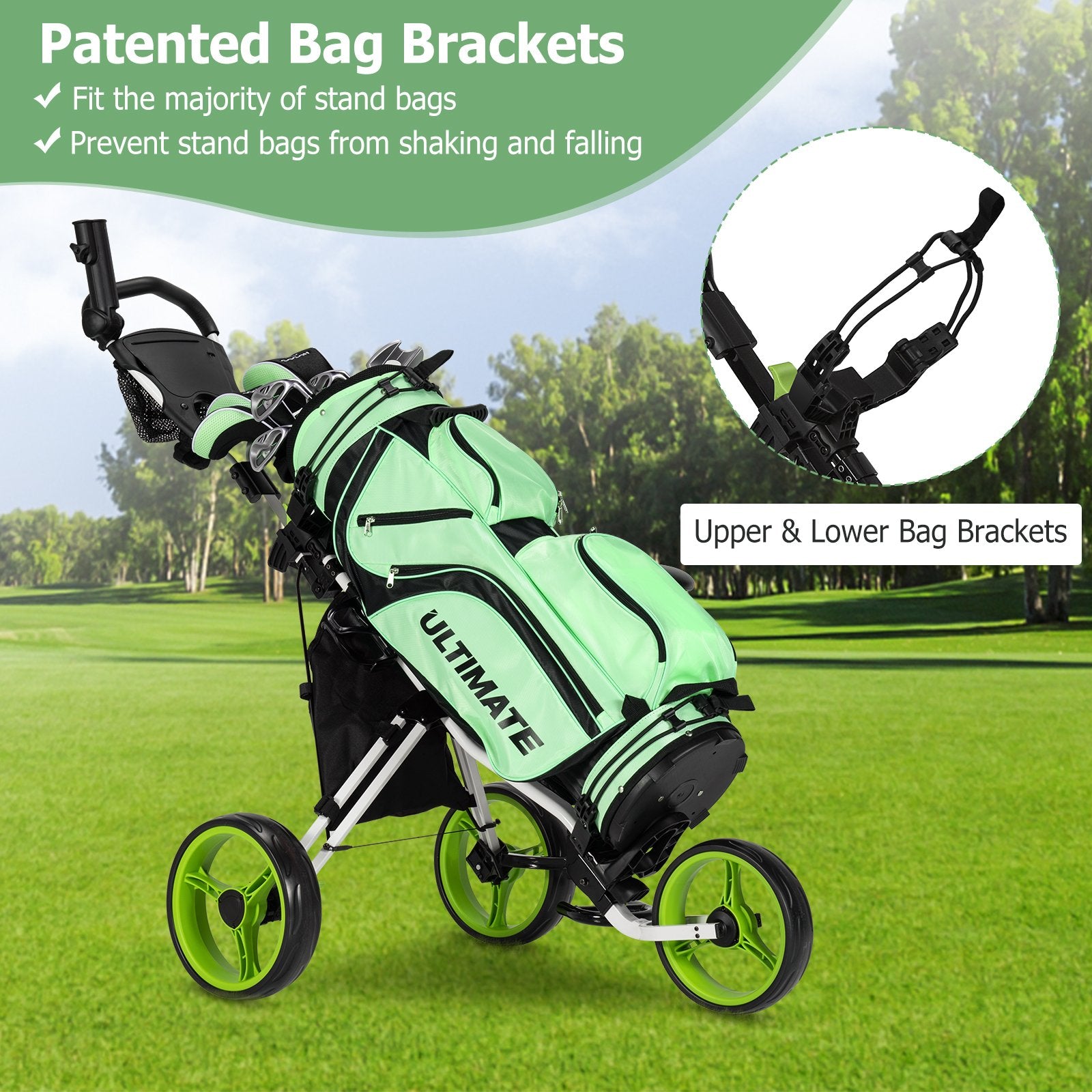 3 Wheels Folding Golf Push Cart with Seat Scoreboard and Adjustable Handle, Green Golf   at Gallery Canada