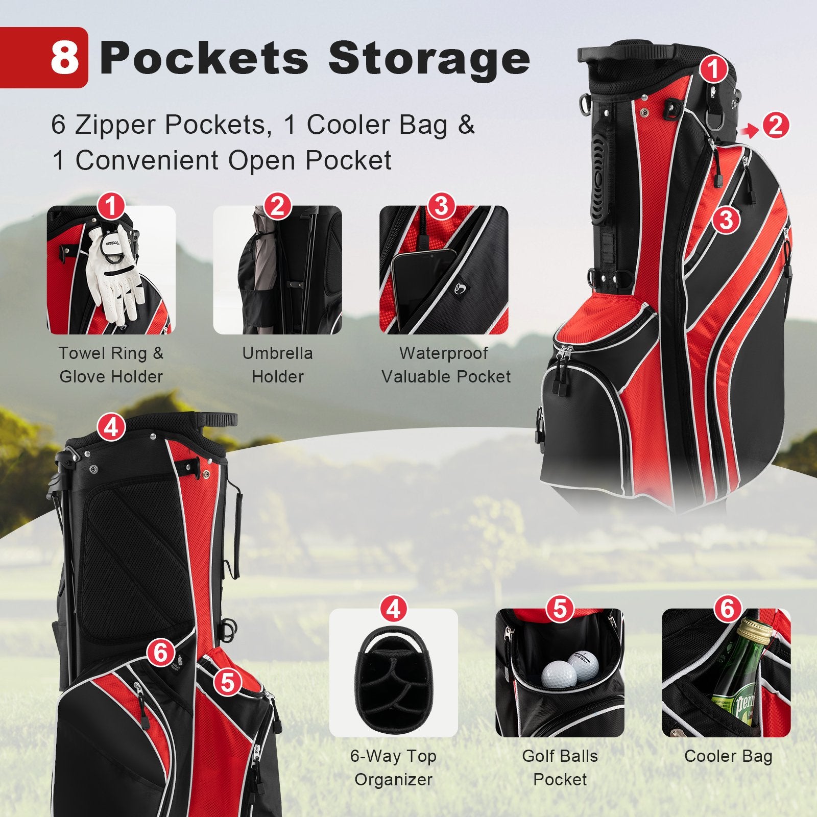 Golf Stand Cart Bag with 6 Way Divider Carry Pockets, Red Golf   at Gallery Canada