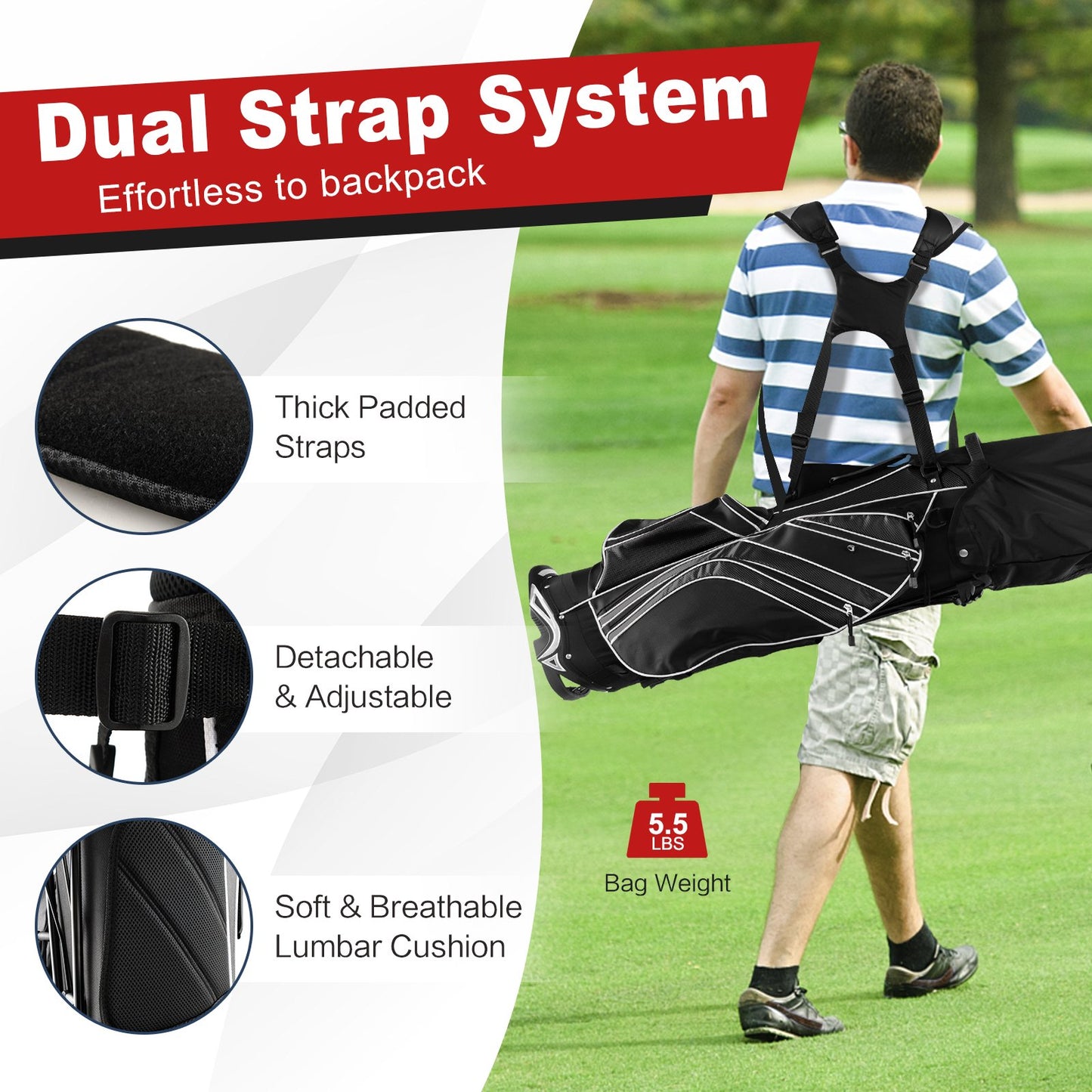 Golf Stand Cart Bag with 6 Way Divider Carry Pockets, Black Golf   at Gallery Canada