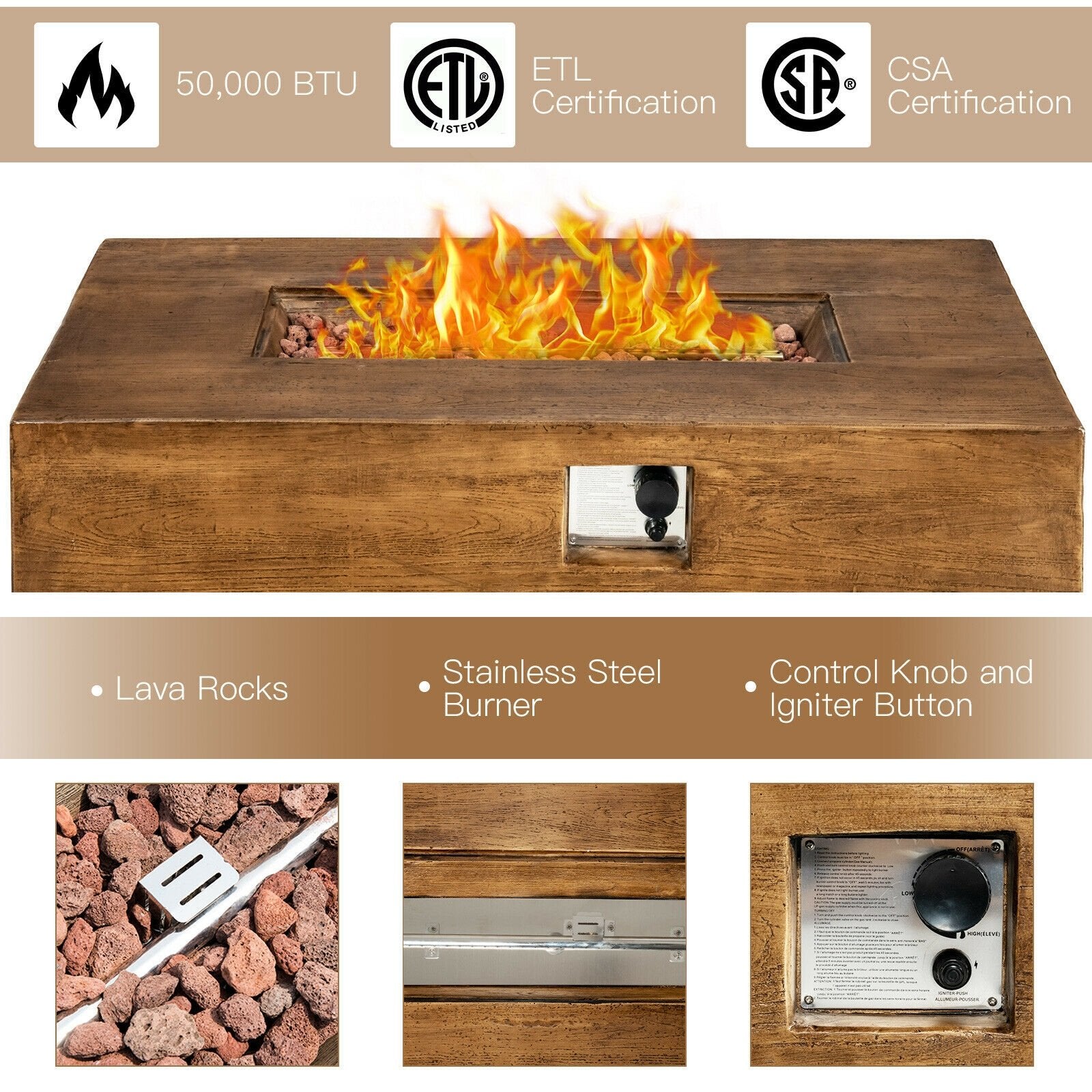 48 x 27Inch Outdoor Gas Fire Pit Table 50 000 BTU with Lava Rocks and Cover, Brown Fire Pits   at Gallery Canada