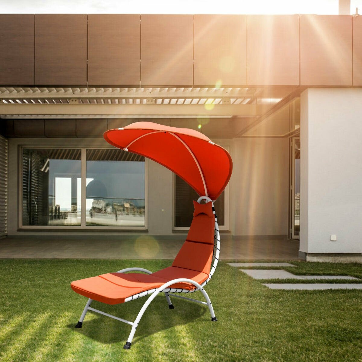 Patio Hanging Swing Hammock Chaise Lounger Chair with Canopy, Orange Outdoor Chaise Lounges   at Gallery Canada