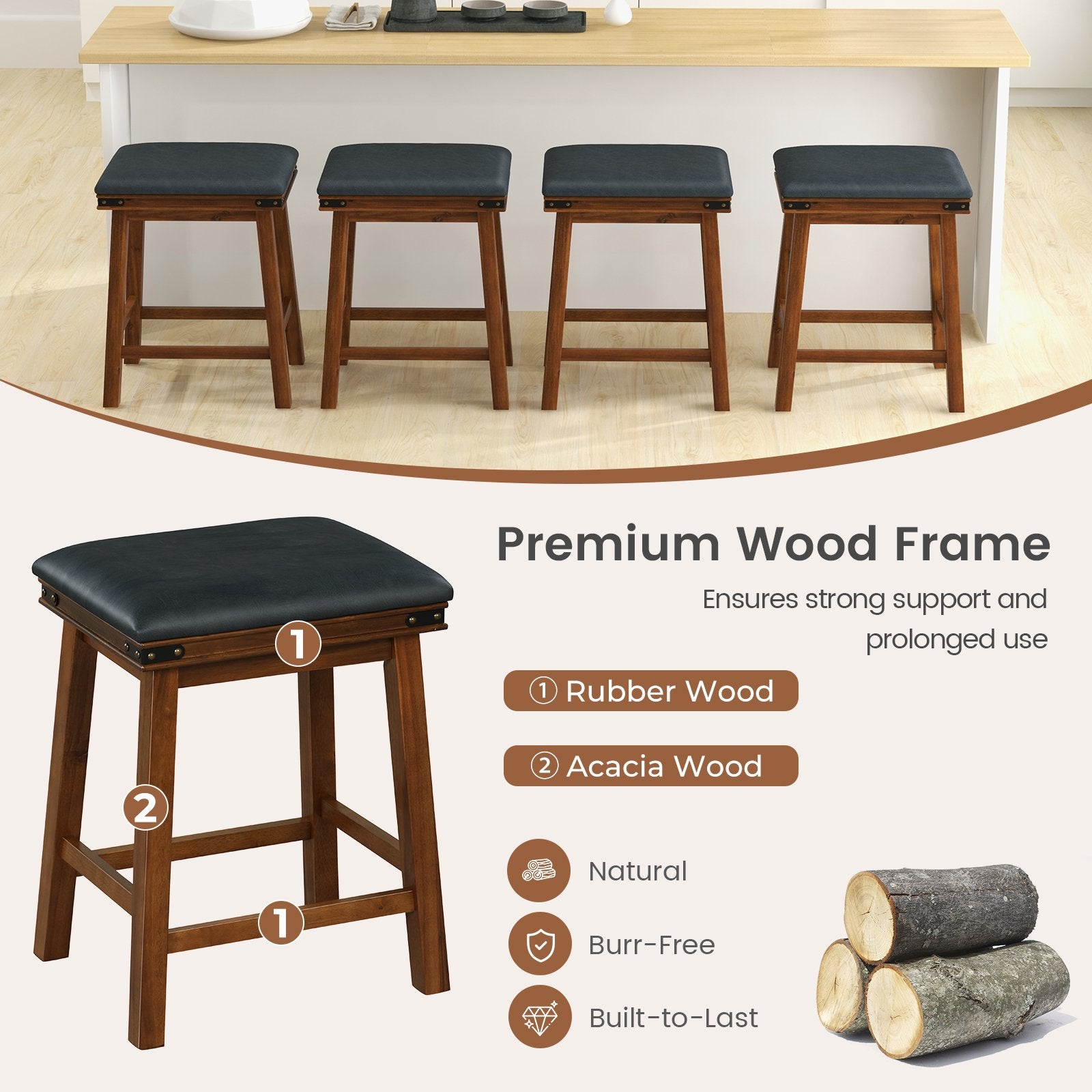 Set of 2 24/30 Inch Dining Bar Stool with Rubber Wood-24 inches, Brown Bar Stools   at Gallery Canada