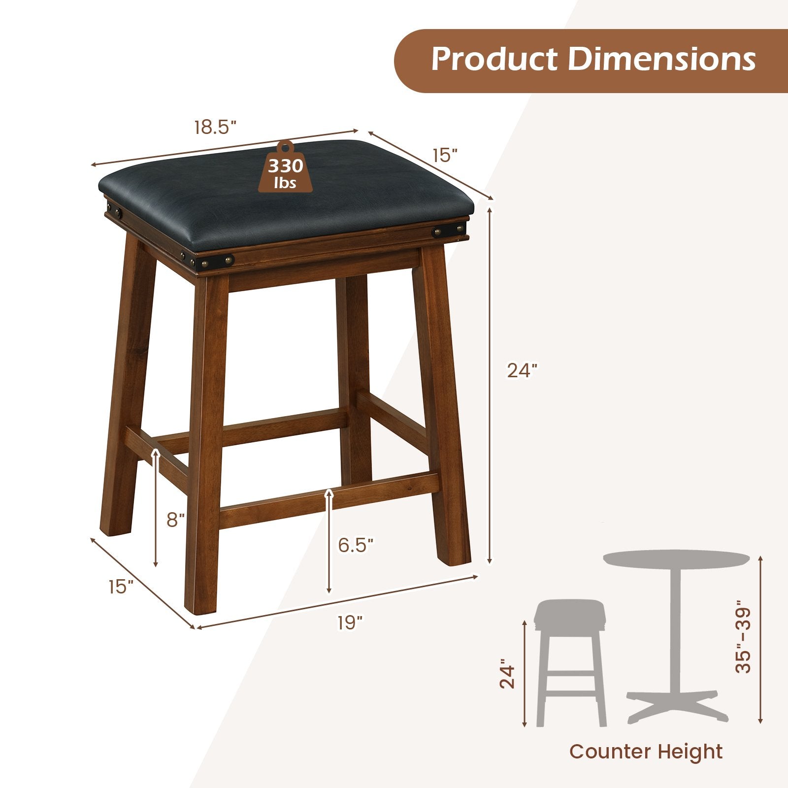 Set of 2 24/30 Inch Dining Bar Stool with Rubber Wood-24 inches, Brown Bar Stools   at Gallery Canada