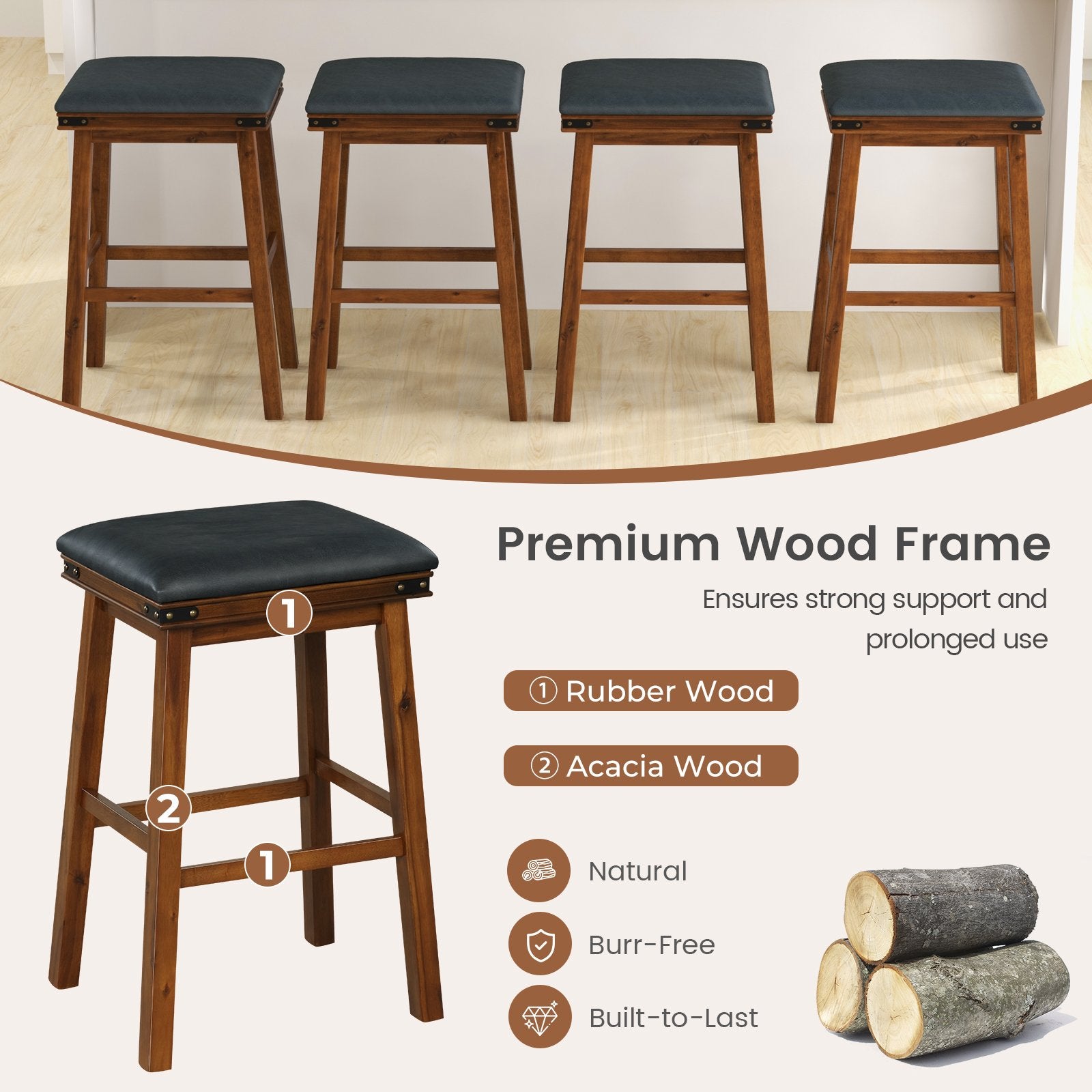 Set of 2 24/30 Inch Dining Bar Stool with Rubber Wood-30 inches, Brown Bar Stools   at Gallery Canada