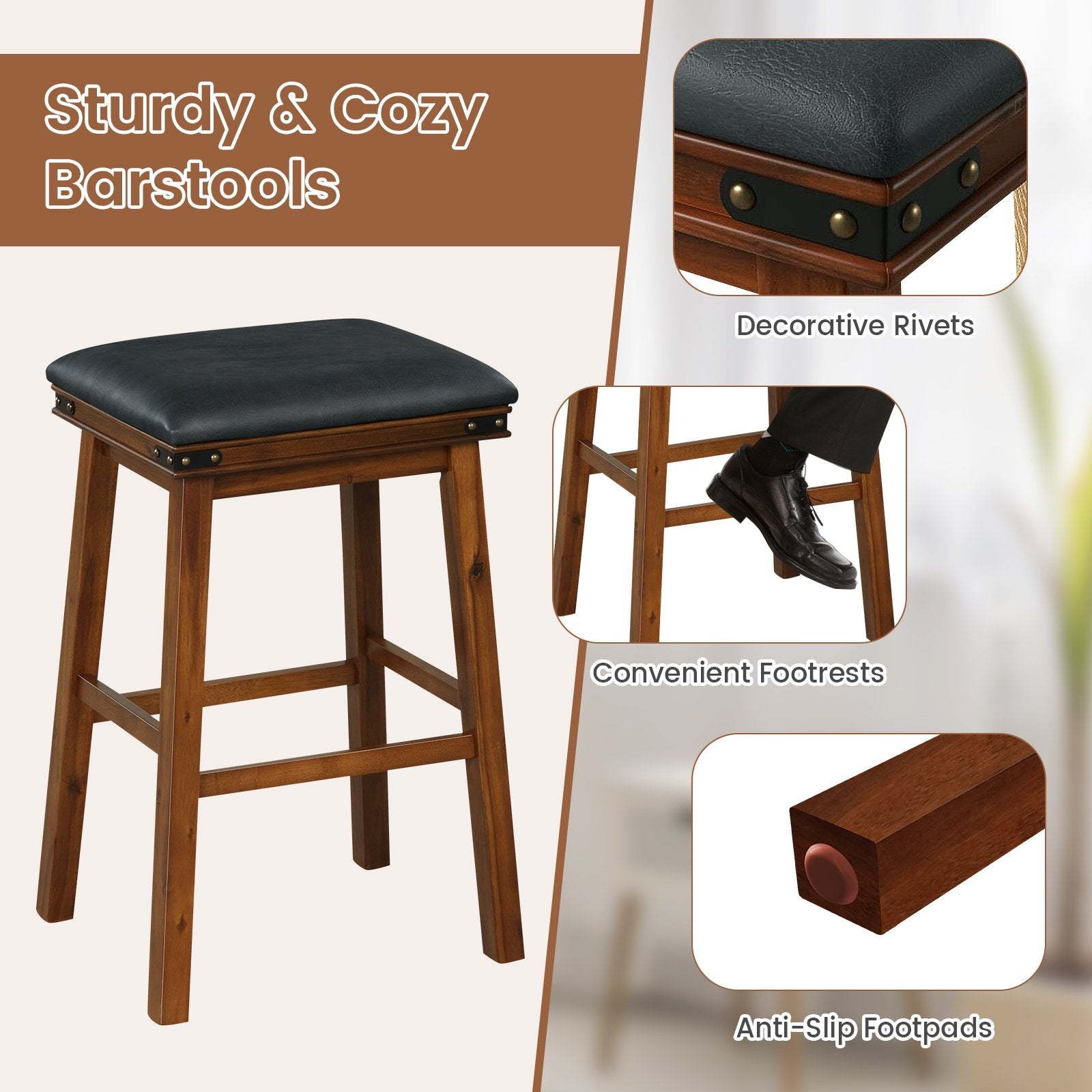 Set of 2 24/30 Inch Dining Bar Stool with Rubber Wood-30 inches, Brown Bar Stools   at Gallery Canada