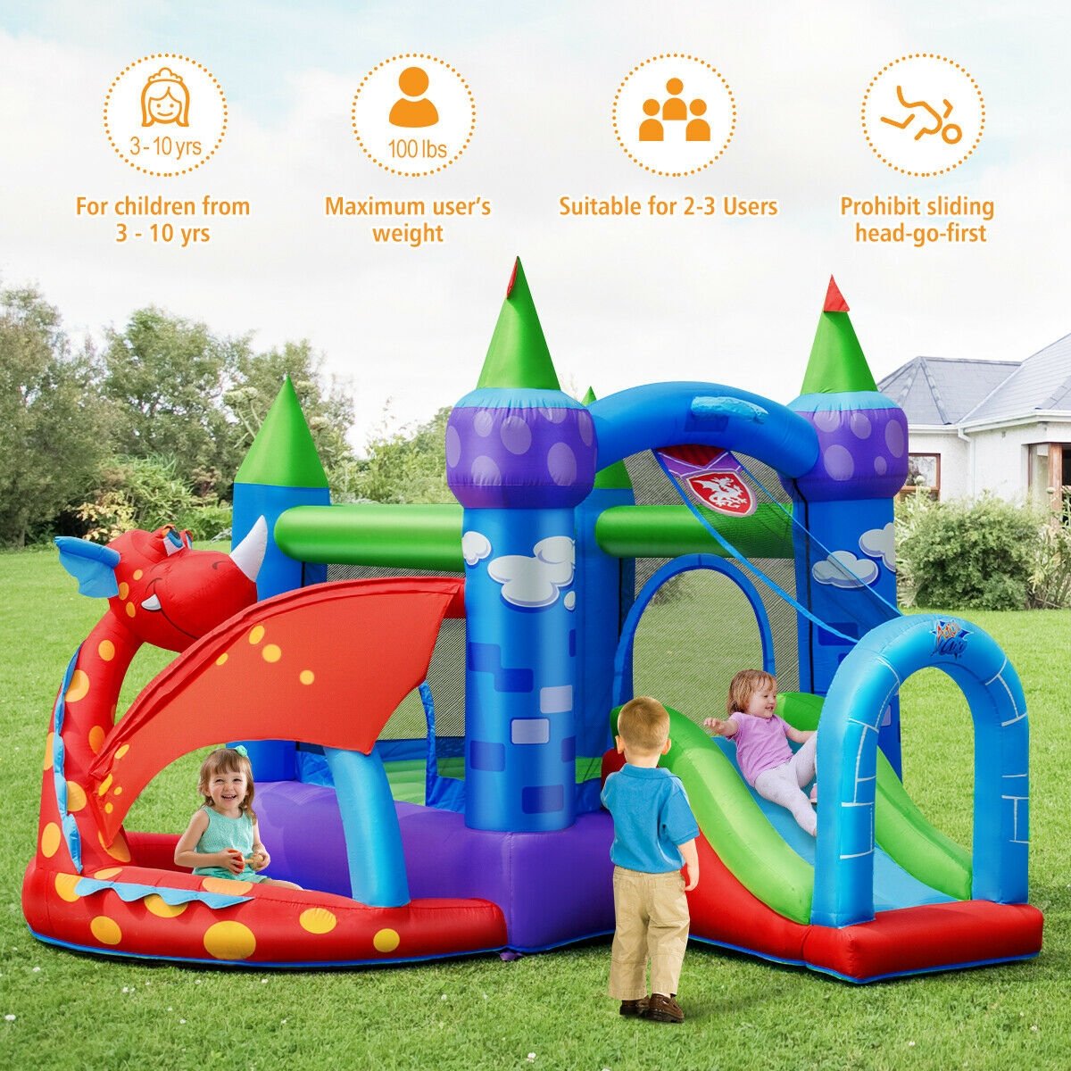 Kids Inflatable Bounce House Dragon Jumping Slide Bouncer Castle with 740W Blower Bounce House   at Gallery Canada