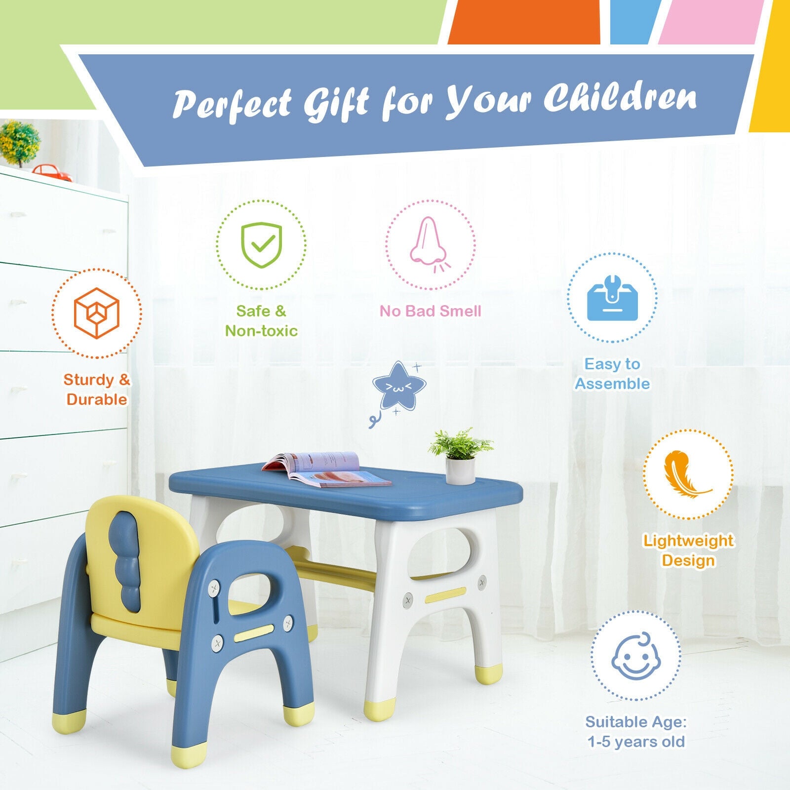 Kids Activity Table and Chair Set with Montessori Toys for Preschool and Kindergarten, Blue Kids Table & Chair Sets at Gallery Canada