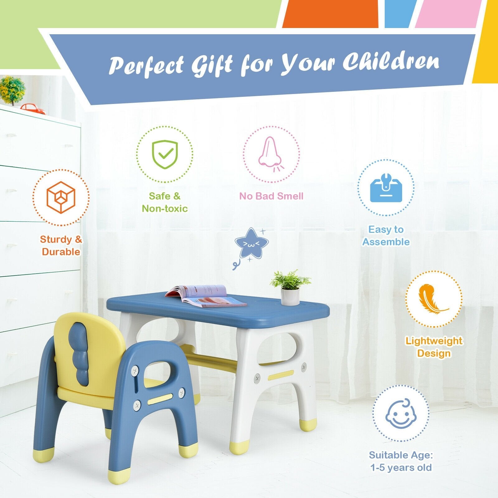 Kids Activity Table and Chair Set with Montessori Toys for Preschool and Kindergarten, Blue - Gallery Canada