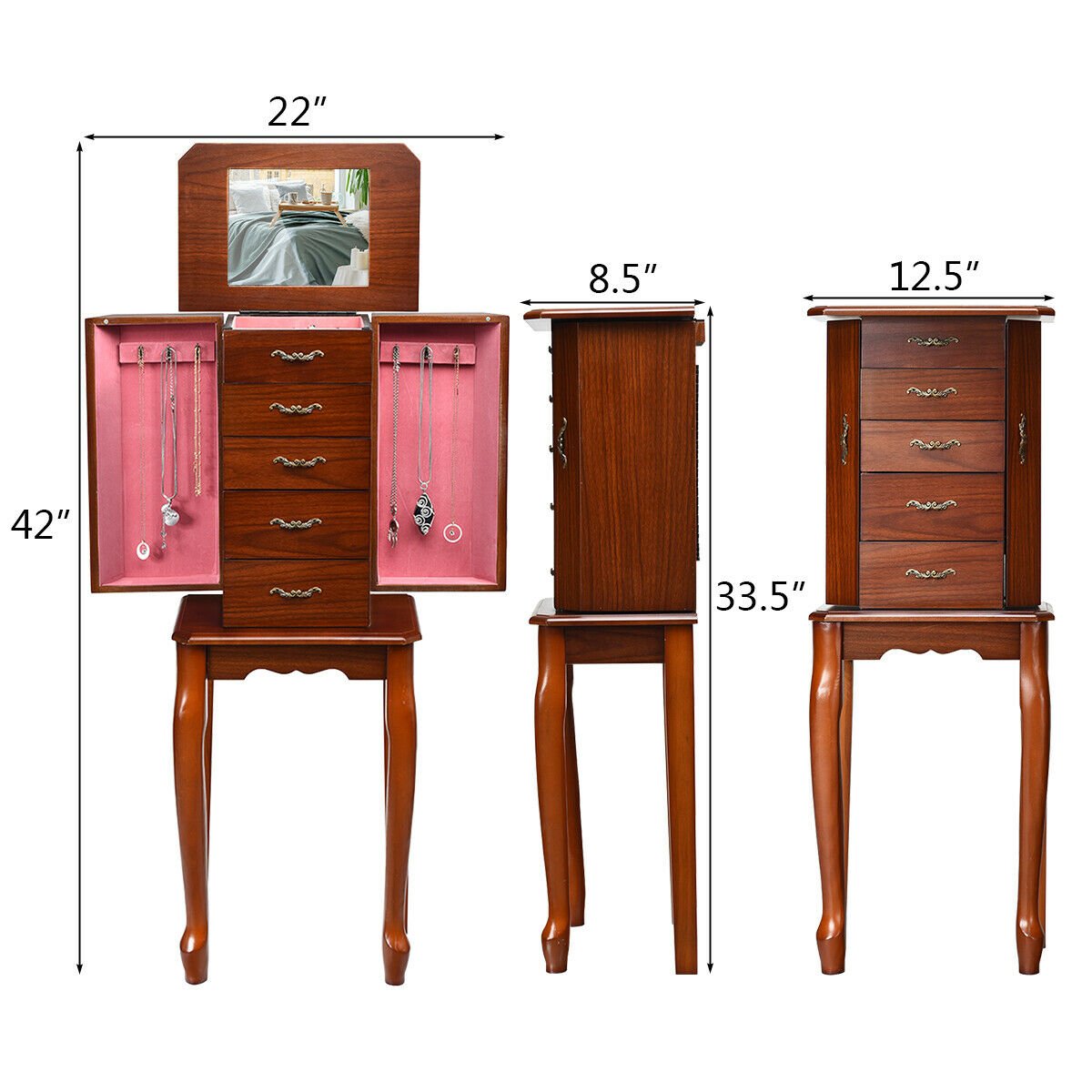 Large Storage Capacity Jewelry Cabinet with 5 Drawers, Brown Jewelry Armoires   at Gallery Canada