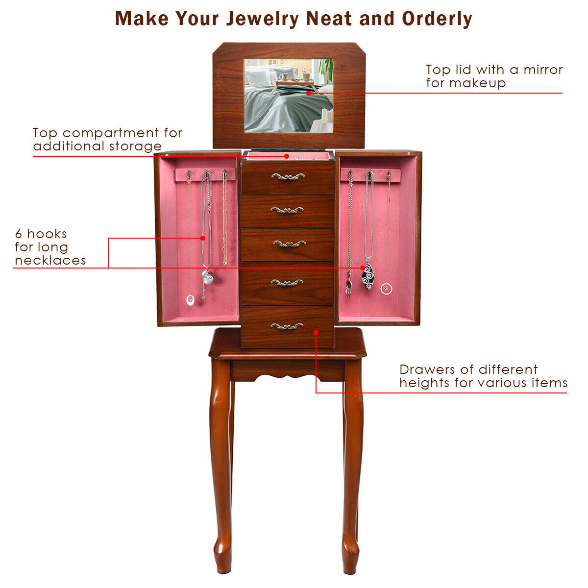 Large Storage Capacity Jewelry Cabinet with 5 Drawers, Brown Jewelry Armoires   at Gallery Canada