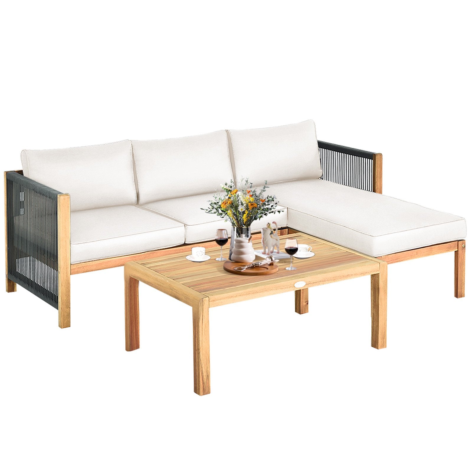 3 Pieces Patio Acacia Wood Sofa Furniture Set with Nylon Rope Armrest, White Outdoor Sectionals   at Gallery Canada