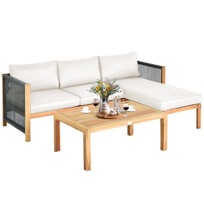 3 Pieces Patio Acacia Wood Sofa Furniture Set with Nylon Rope Armrest, White - Gallery Canada