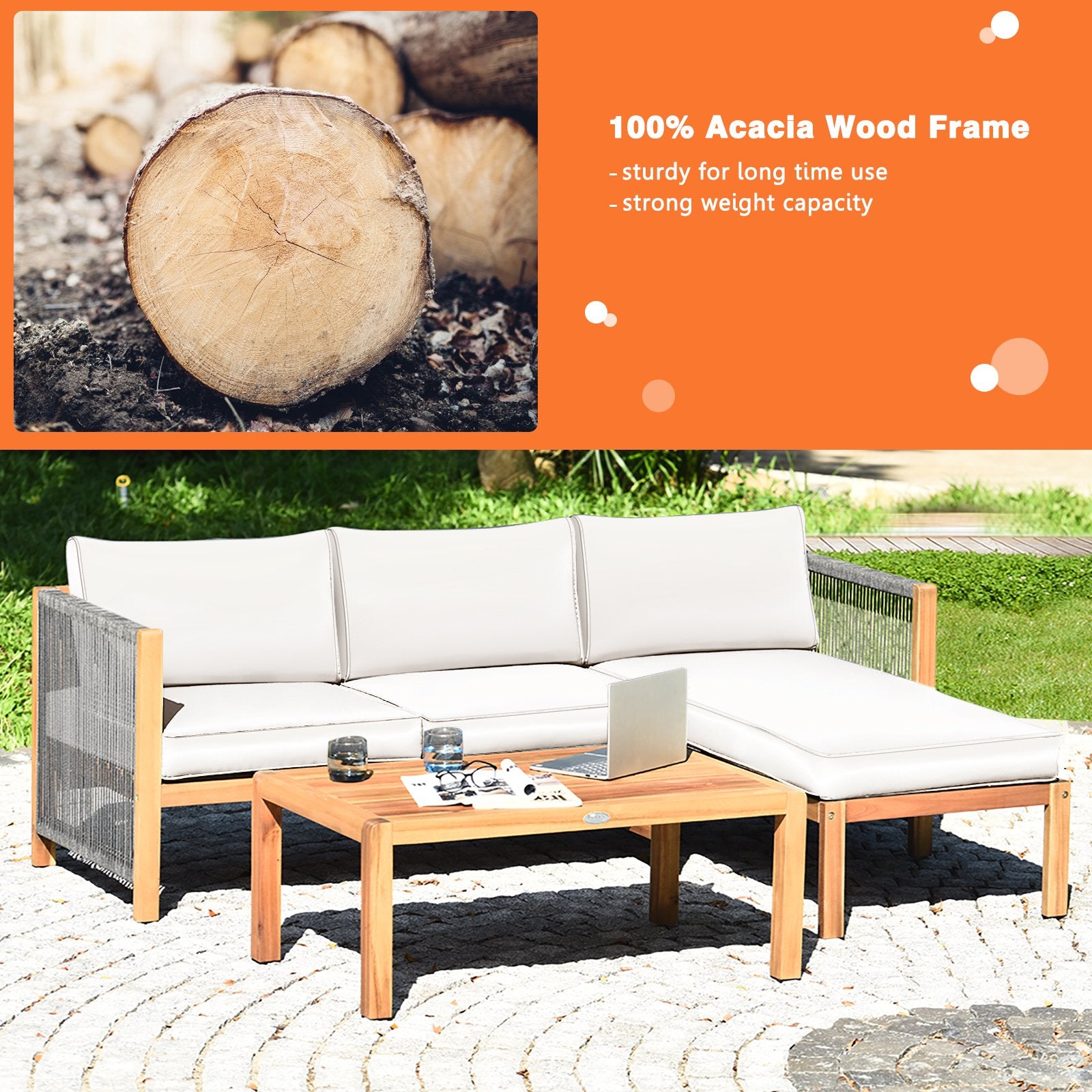 3 Pieces Patio Acacia Wood Sofa Furniture Set with Nylon Rope Armrest, White Outdoor Sectionals   at Gallery Canada