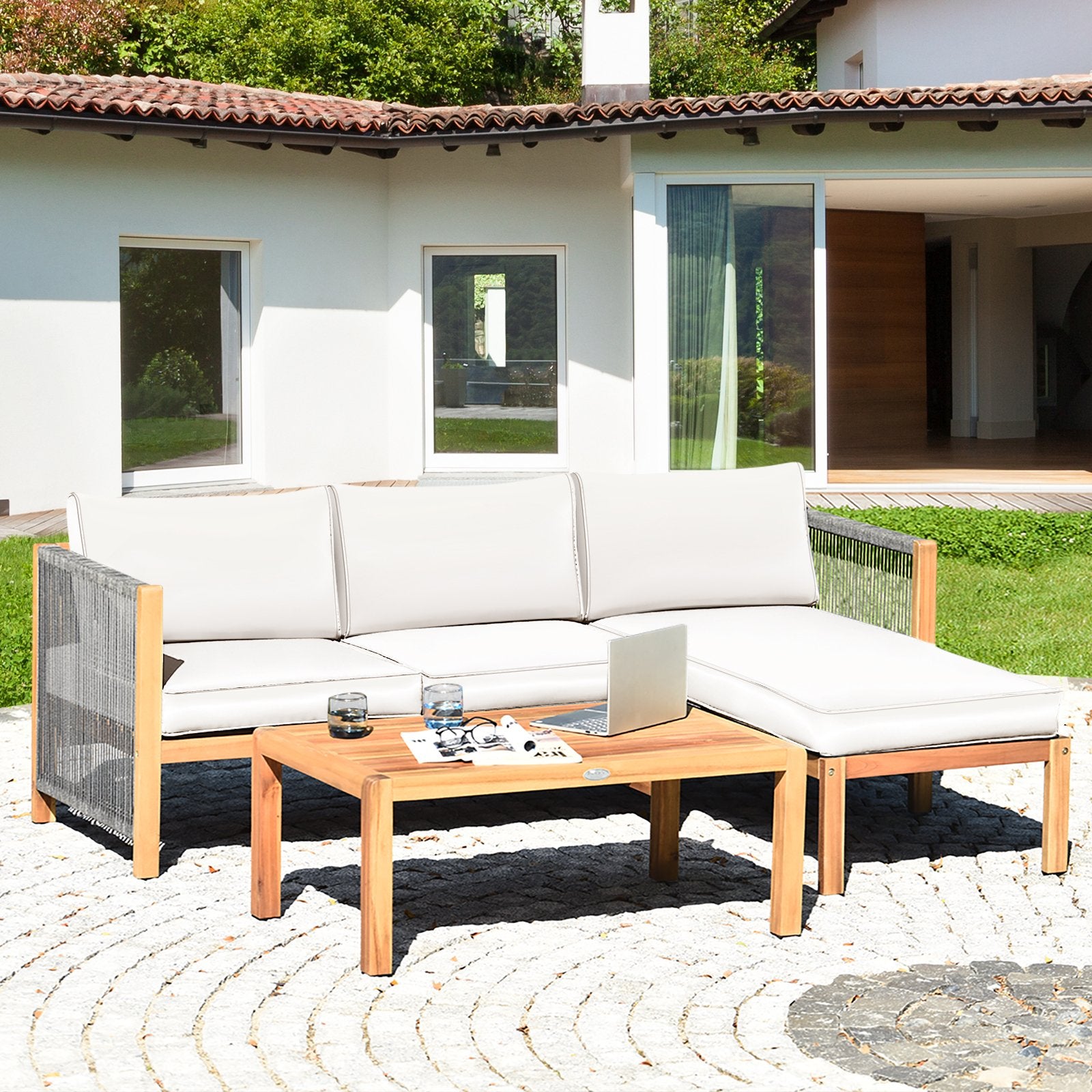 3 Pieces Patio Acacia Wood Sofa Furniture Set with Nylon Rope Armrest, White Outdoor Sectionals   at Gallery Canada