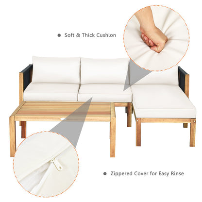 3 Pieces Patio Acacia Wood Sofa Furniture Set with Nylon Rope Armrest, White - Gallery Canada