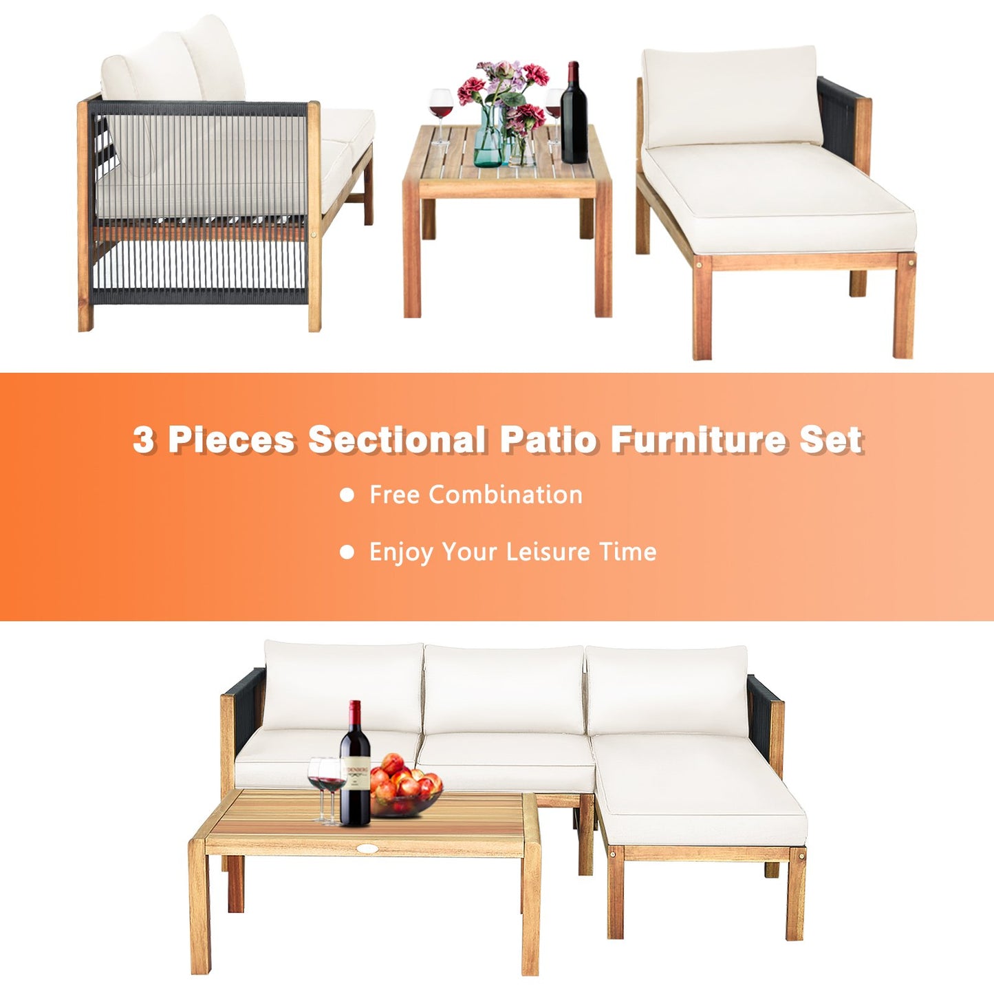 3 Pieces Patio Acacia Wood Sofa Furniture Set with Nylon Rope Armrest, White - Gallery Canada