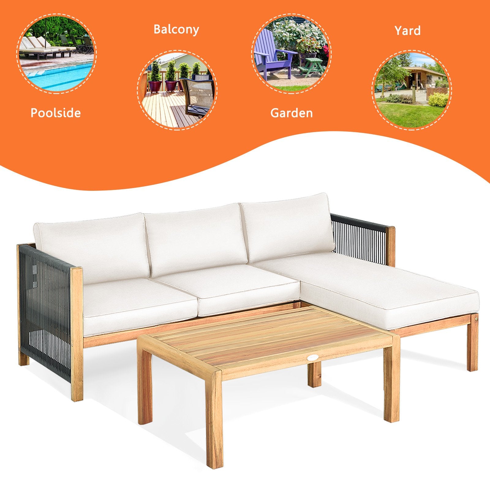 3 Pieces Patio Acacia Wood Sofa Furniture Set with Nylon Rope Armrest, White Outdoor Sectionals   at Gallery Canada