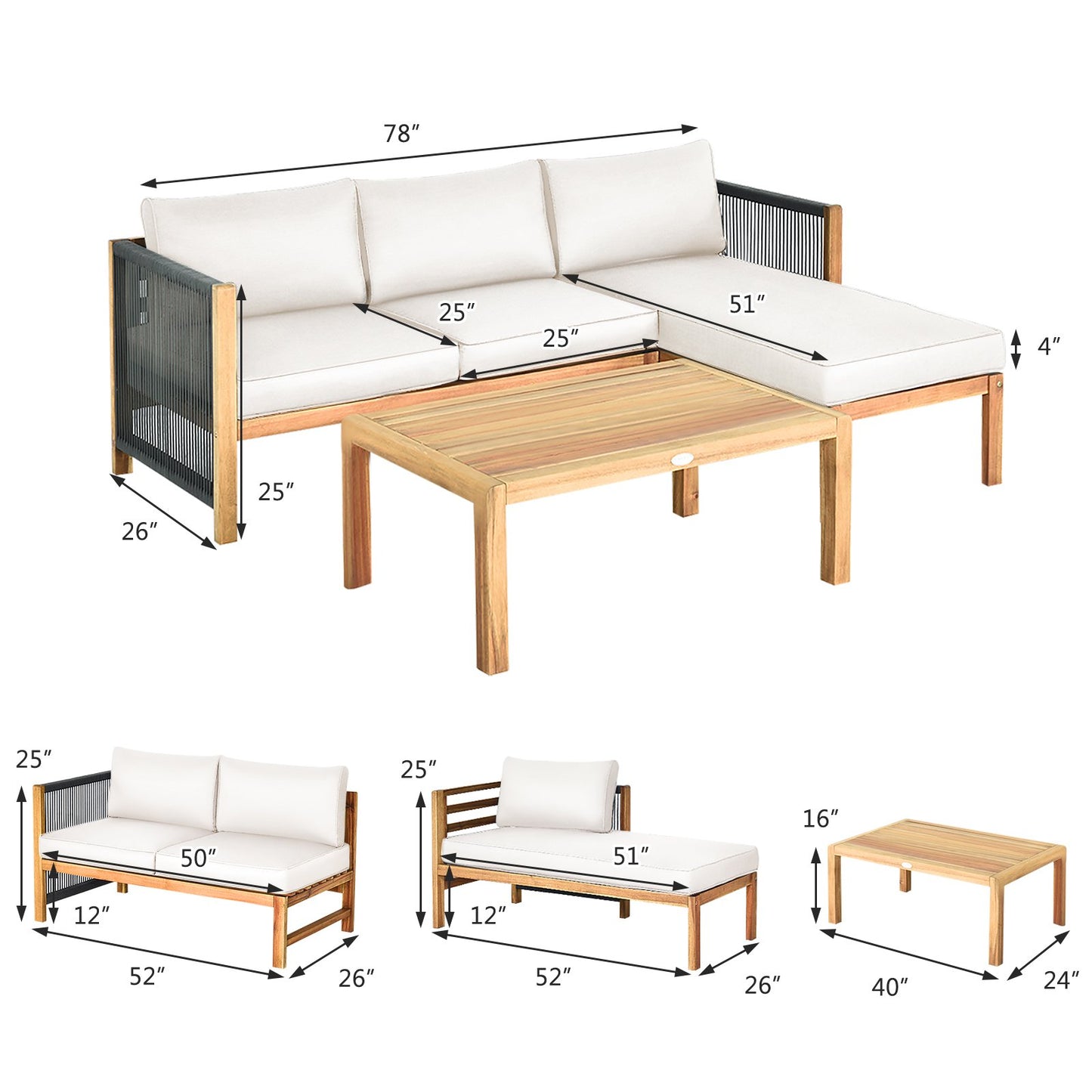 3 Pieces Patio Acacia Wood Sofa Furniture Set with Nylon Rope Armrest, White - Gallery Canada