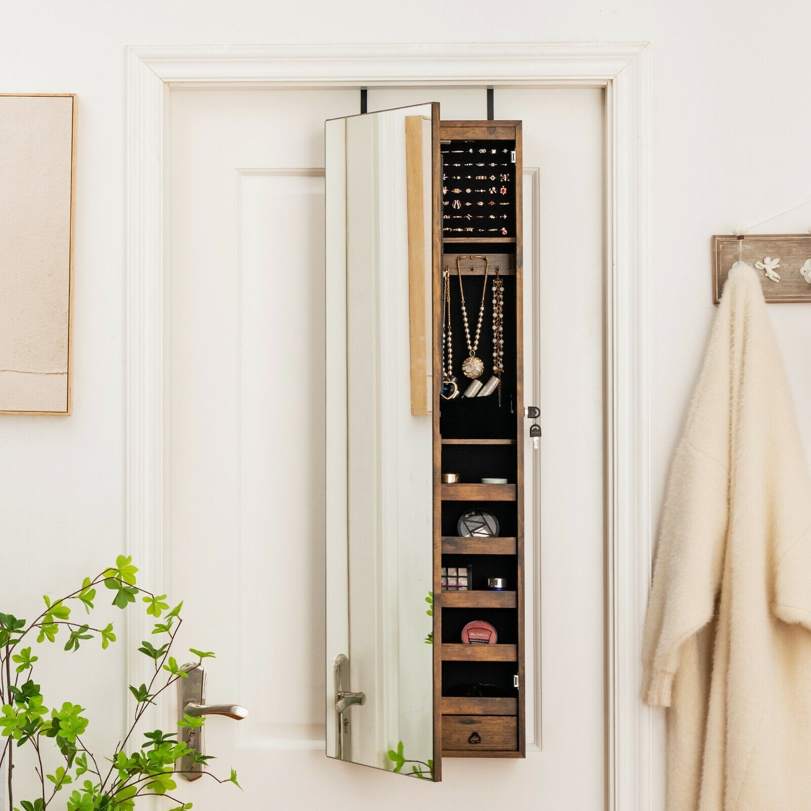 Wall and Door Mounted Mirrored Jewelry Cabinet with Lights, Rustic Brown Jewelry Armoires   at Gallery Canada