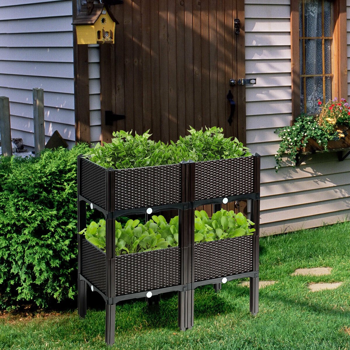 Set of 4 Elevated Flower Vegetable Herb Grow Planter Box, Brown Raised Garden Beds   at Gallery Canada