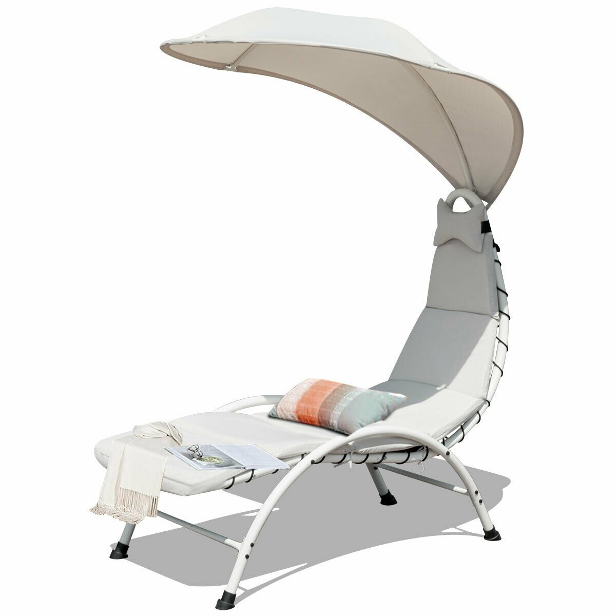 Patio Hanging Swing Hammock Chaise Lounger Chair with Canopy, Beige Outdoor Chaise Lounges   at Gallery Canada