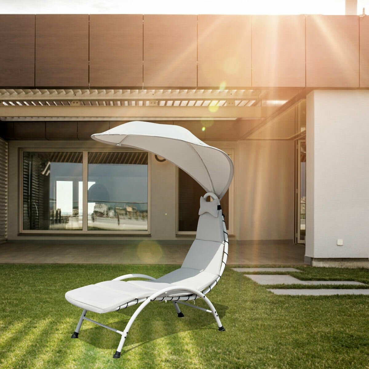 Patio Hanging Swing Hammock Chaise Lounger Chair with Canopy, Beige Outdoor Chaise Lounges   at Gallery Canada