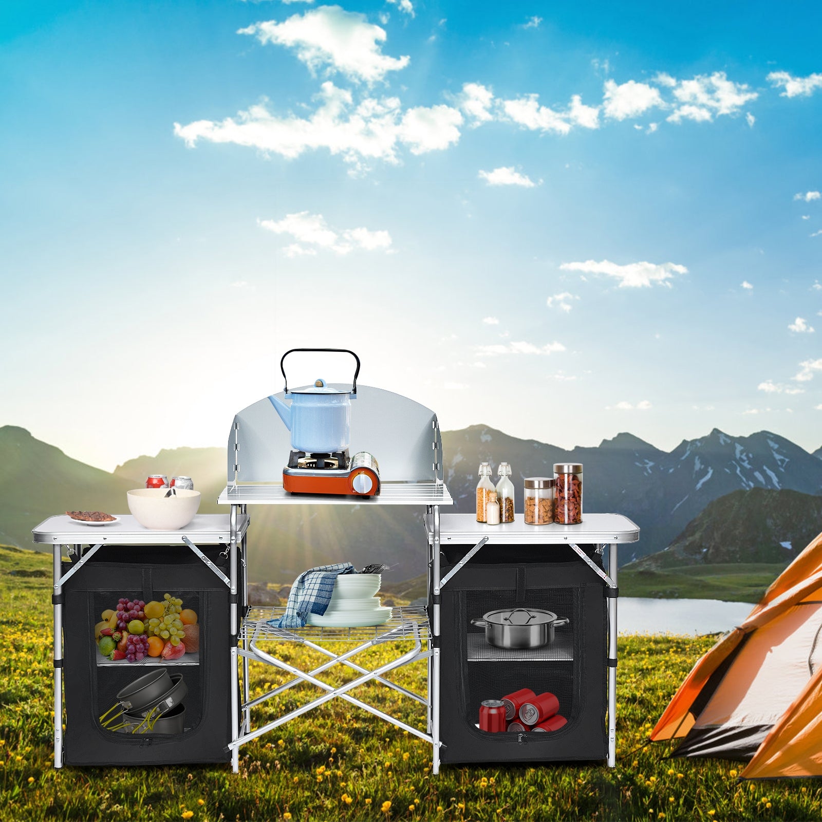 Folding Camping Table with Storage Organizer, Black Camping Furniture at Gallery Canada